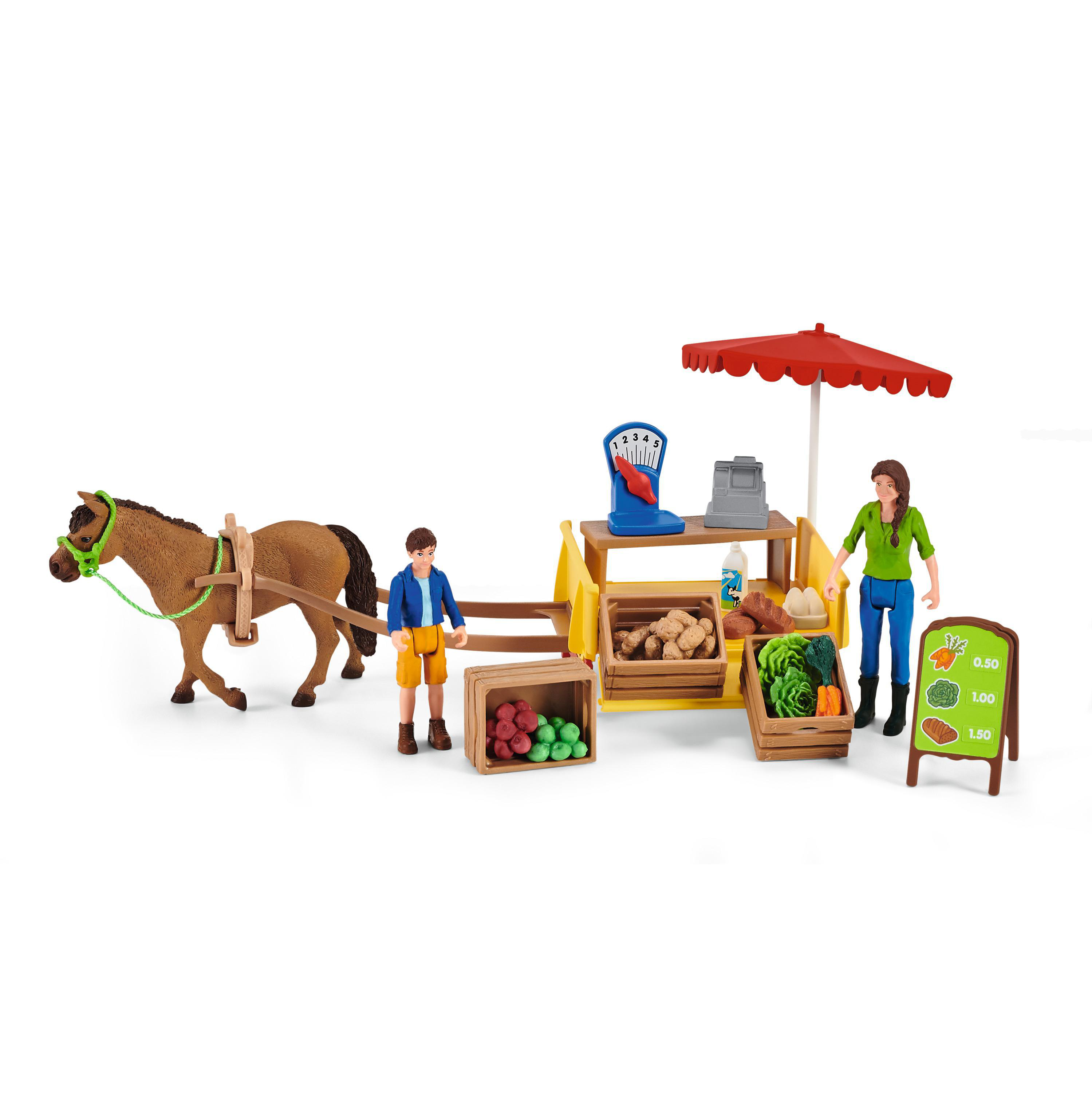 Eine Spielzeugmarktszene mit einem Pferd, Figuren und einer Vielzahl von Produkten. Ein roter Schirm spendet Schatten.