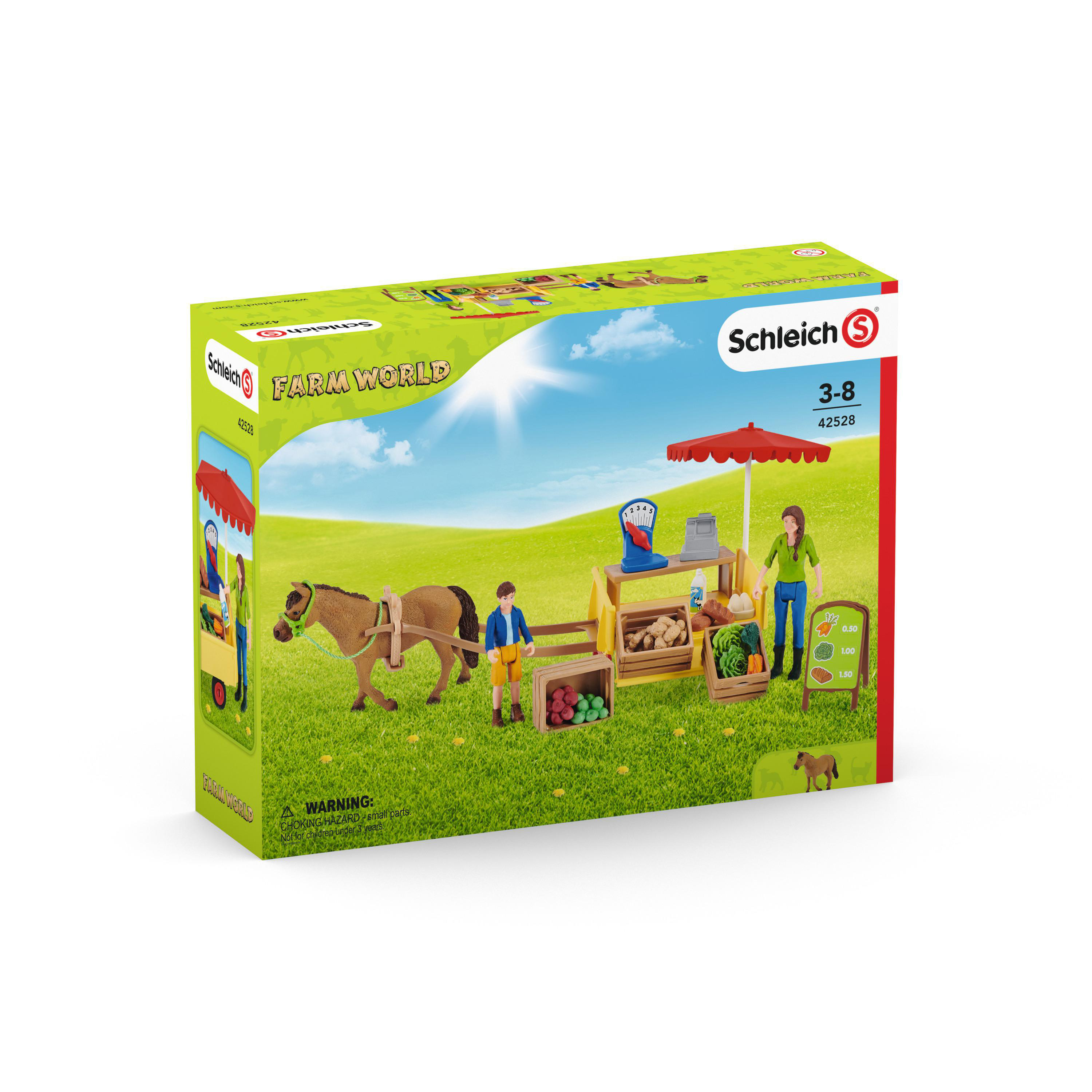 Ein Spielzeug-Bauernstand mit Pferd, Wagen, Gemüse und zwei Figuren.