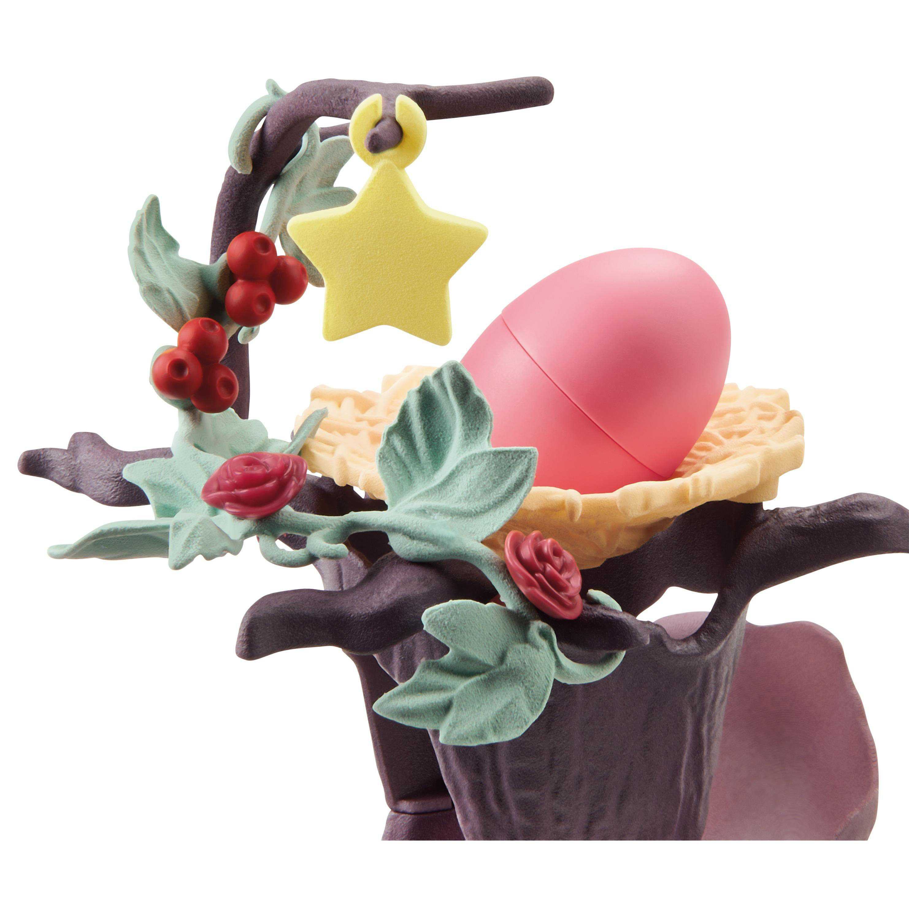 Eine dekorative Anzeige mit einem Nest, das ein rosa Ei hält, verziert mit Blumen und einem gelben Stern.