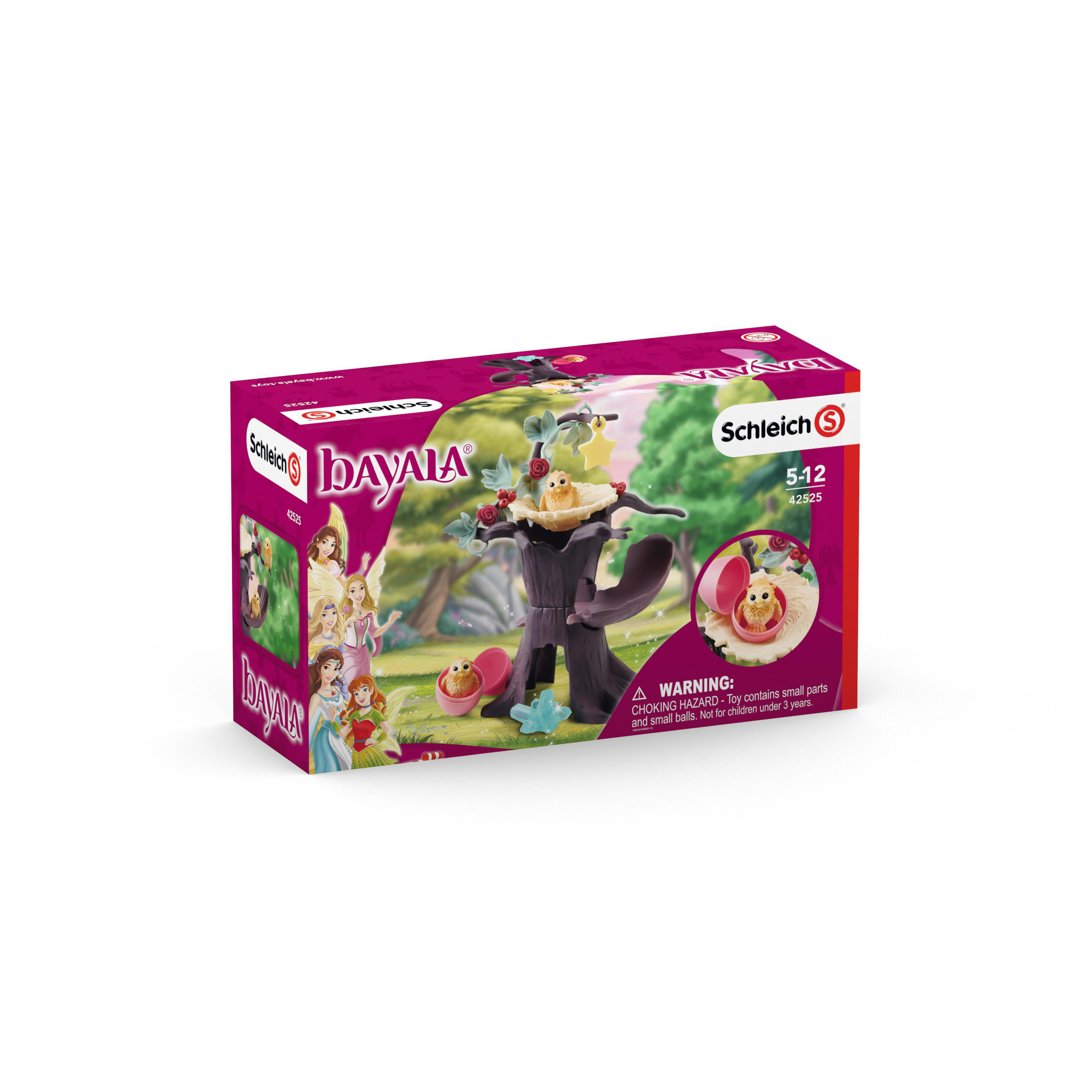 Kiste eines Spielzeugs, mit Baum, Vögeln und einer puppenartigen Figur. Es ist auf weißem Untergrund.