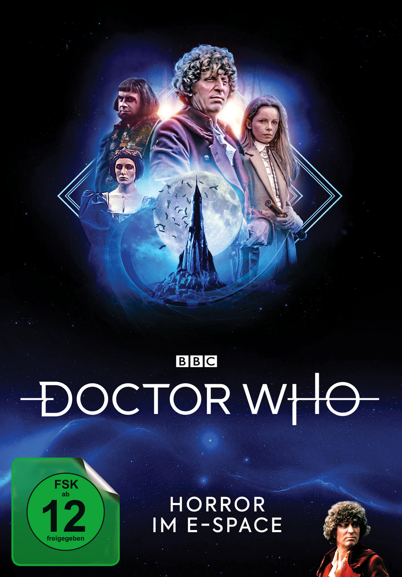 Doctor Who DVD-Cover: Charaktere in einer dunklen Weltraum-Szene mit einem hohen, dunklen Turm.