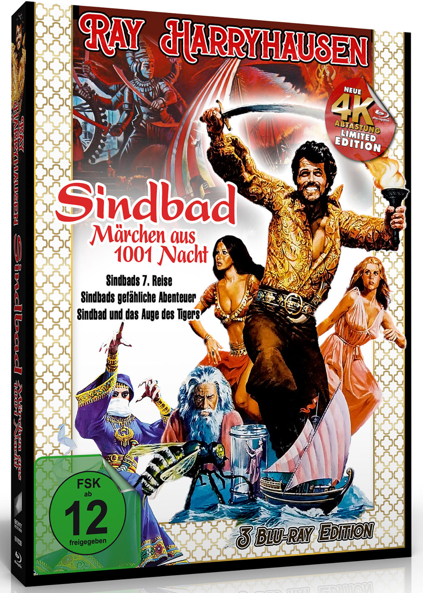 Filmcover für 'Sindbad' mit Figuren, einem Boot und einem Mann mit Schwert.