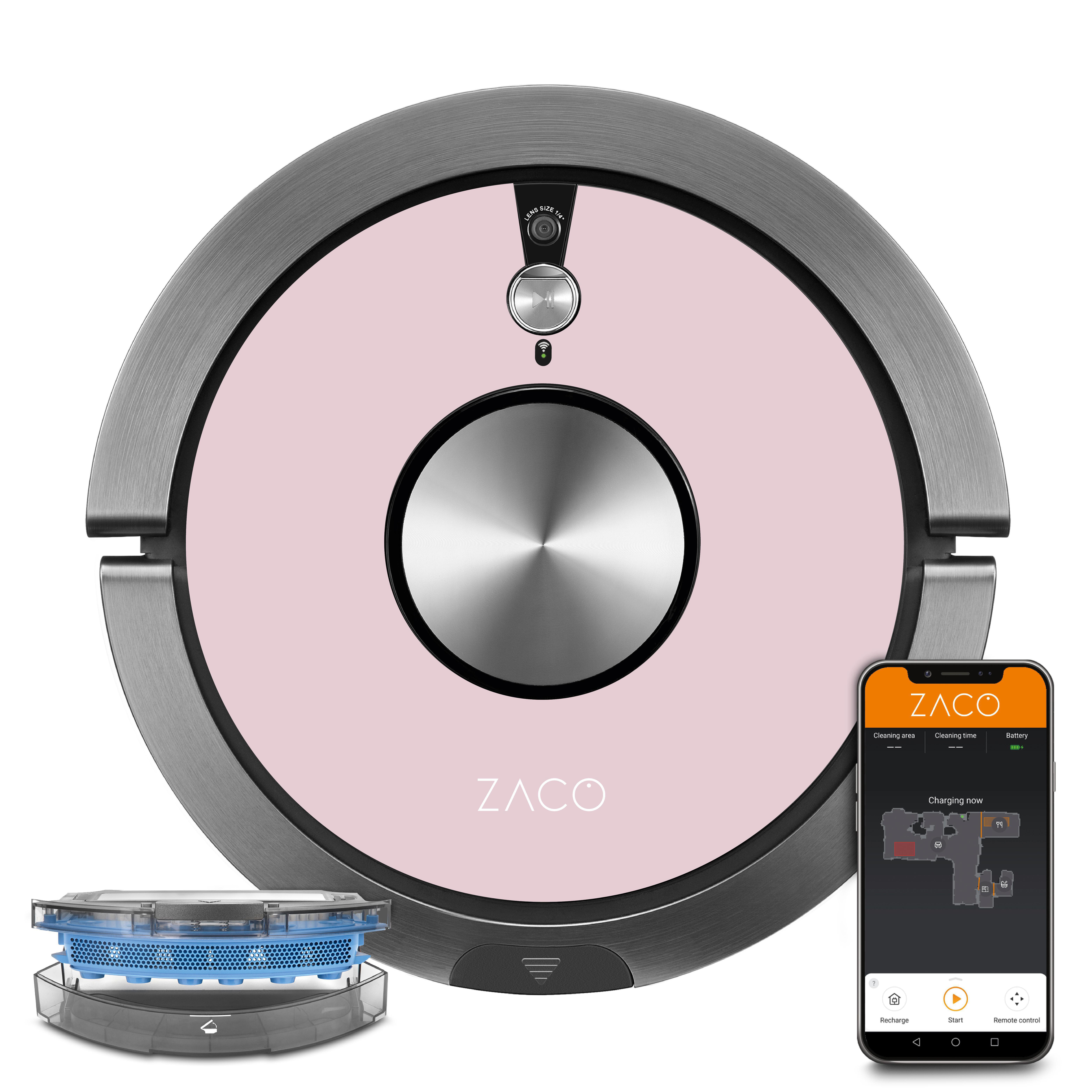 Ein rosa-grauer Roboterstaubsauger mit einem Telefon, das die App und den Staubbehälter zeigt.