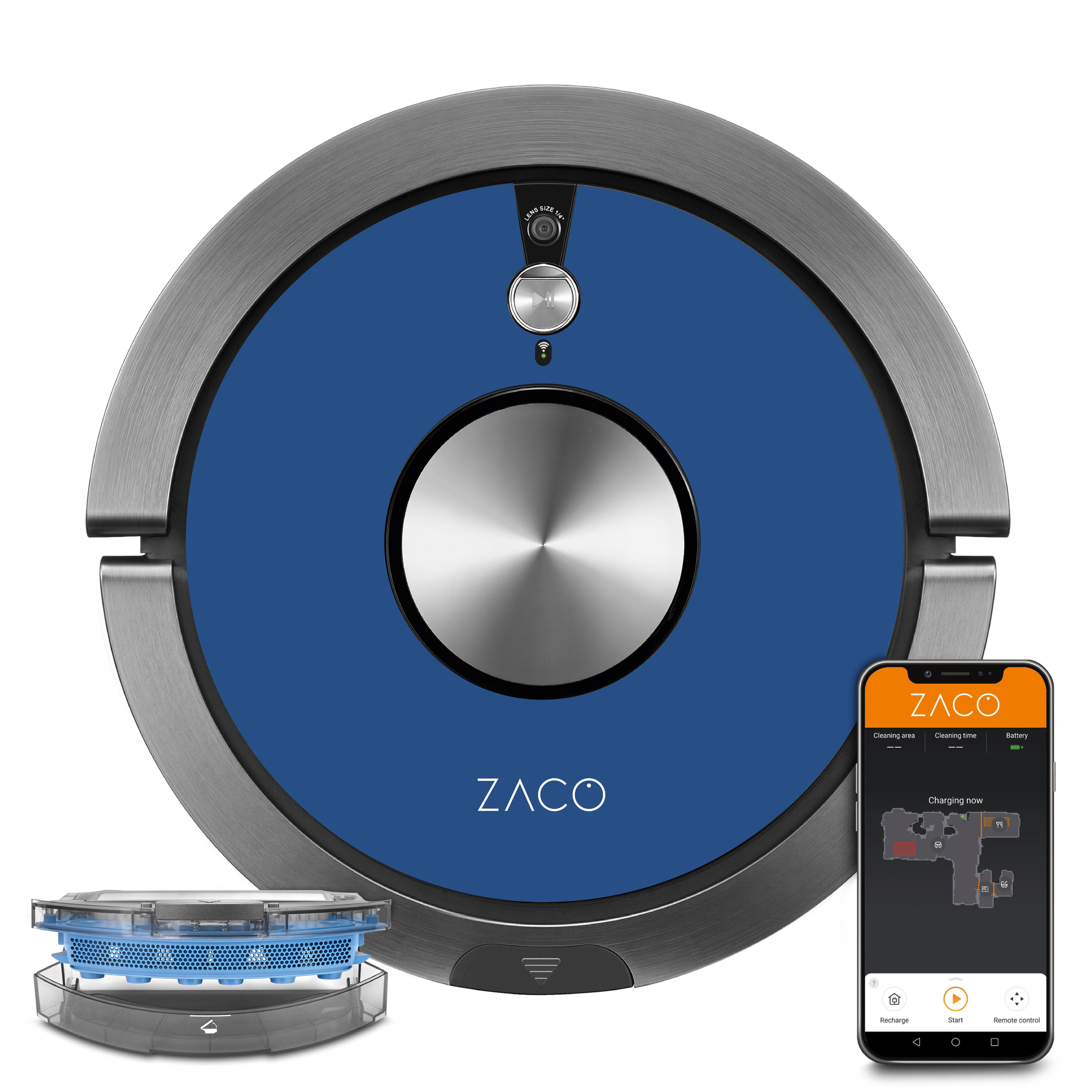 Ein runder Roboter-Staubsauger mit blauem Zentrum, eine Ladestation und ein Telefon mit App.