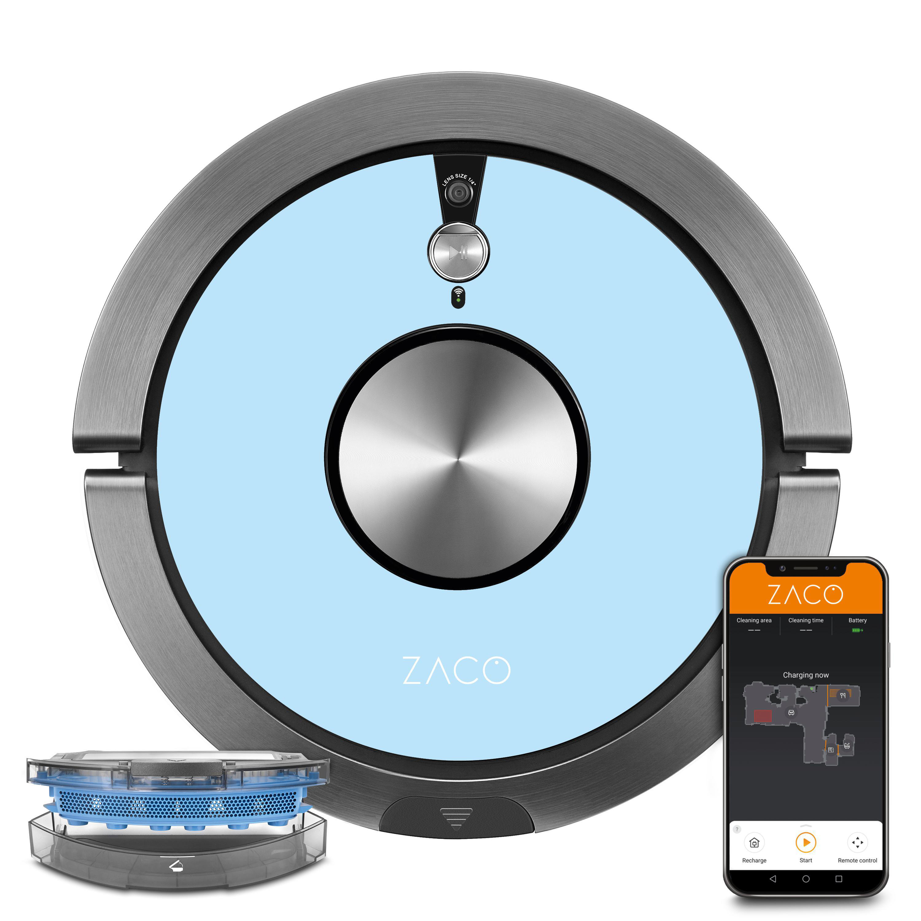Roboter-Staubsauger mit Ladestation und Smartphone mit App-Oberfläche.