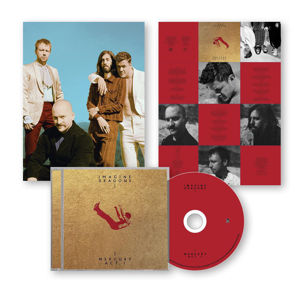 Imagine Dragons Album mit einer Gruppe von Männern und einer roten CD, auf weißem Hintergrund.