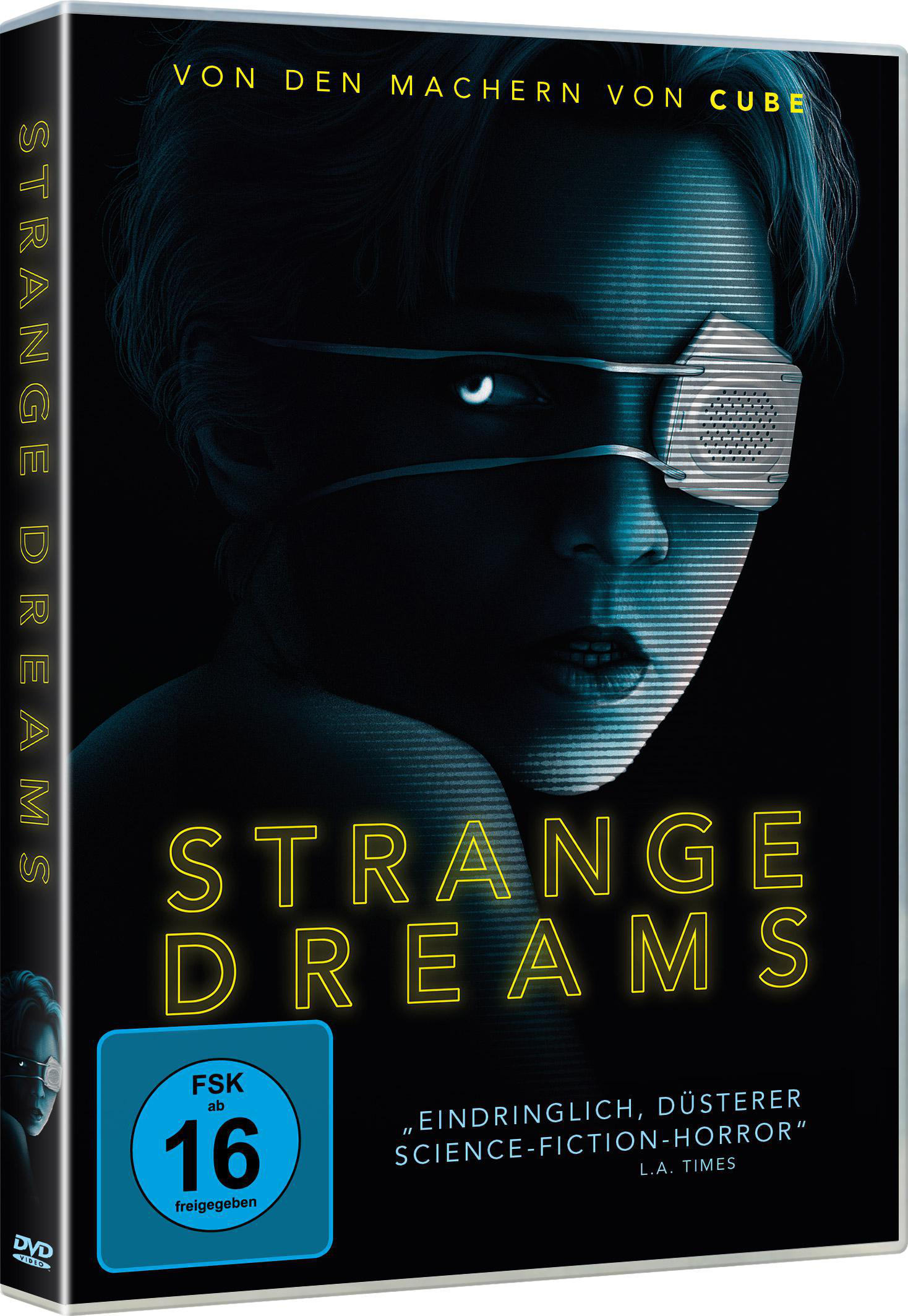 Filmcover, Frau mit Augenabdeckung, Text "STRANGE DREAMS" auf schwarzem Hintergrund.