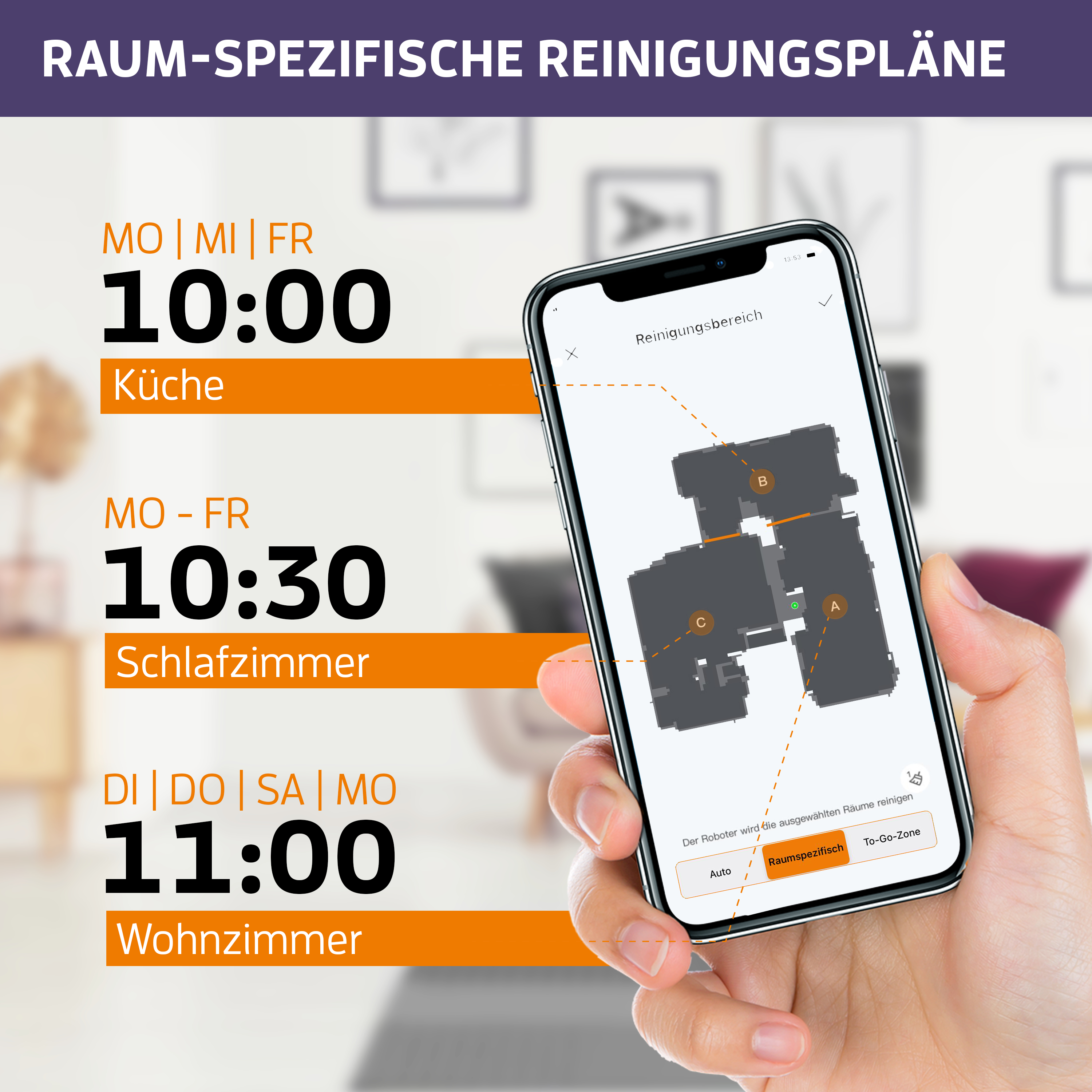 Ein Smartphone zeigt Reinigungspläne für verschiedene Räume an, mit dem Text 'Raumspezifische Reinigungspläne'.