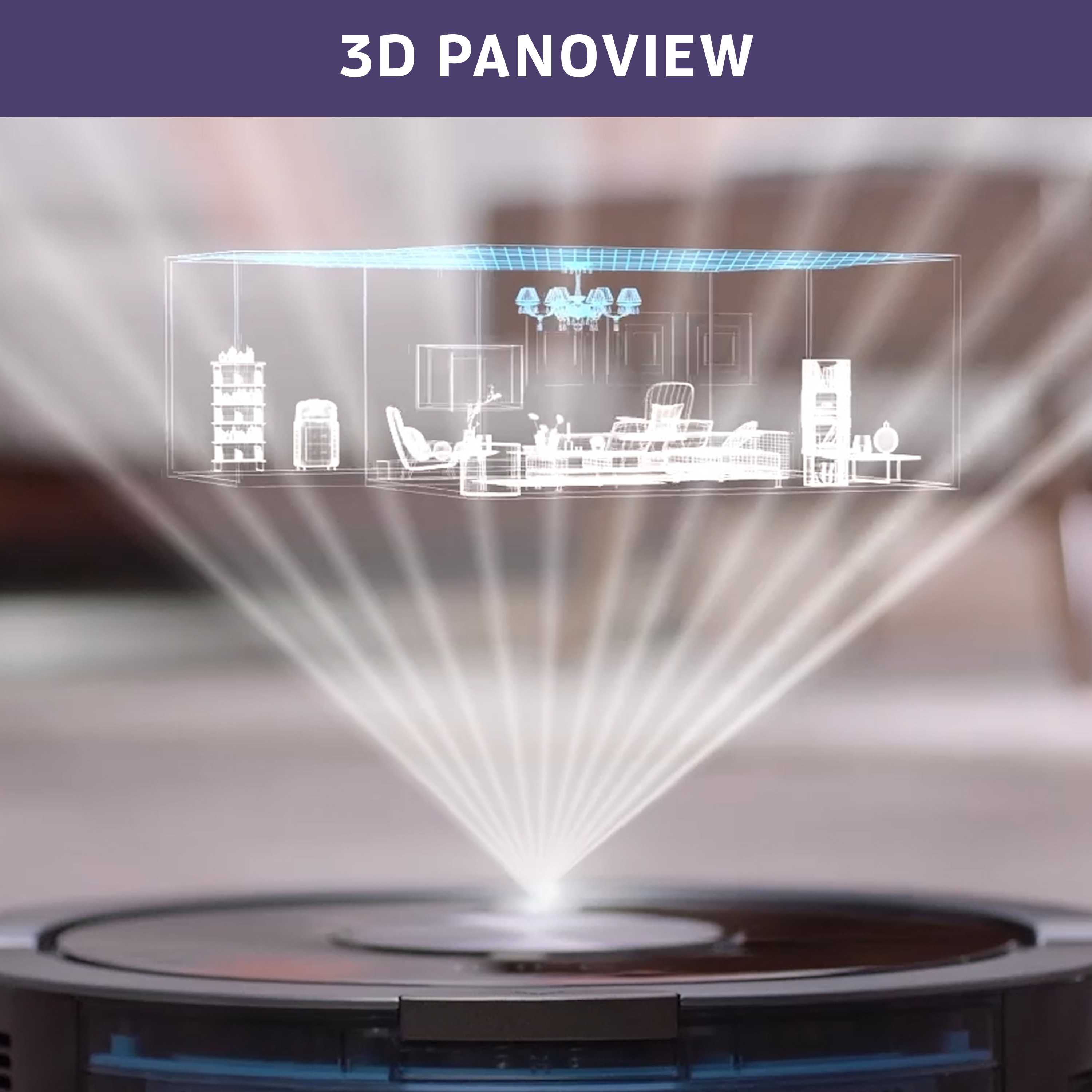3D PanoView eines Zimmers mit Möbeln, projiziert von einem Roboterstaubsauger.