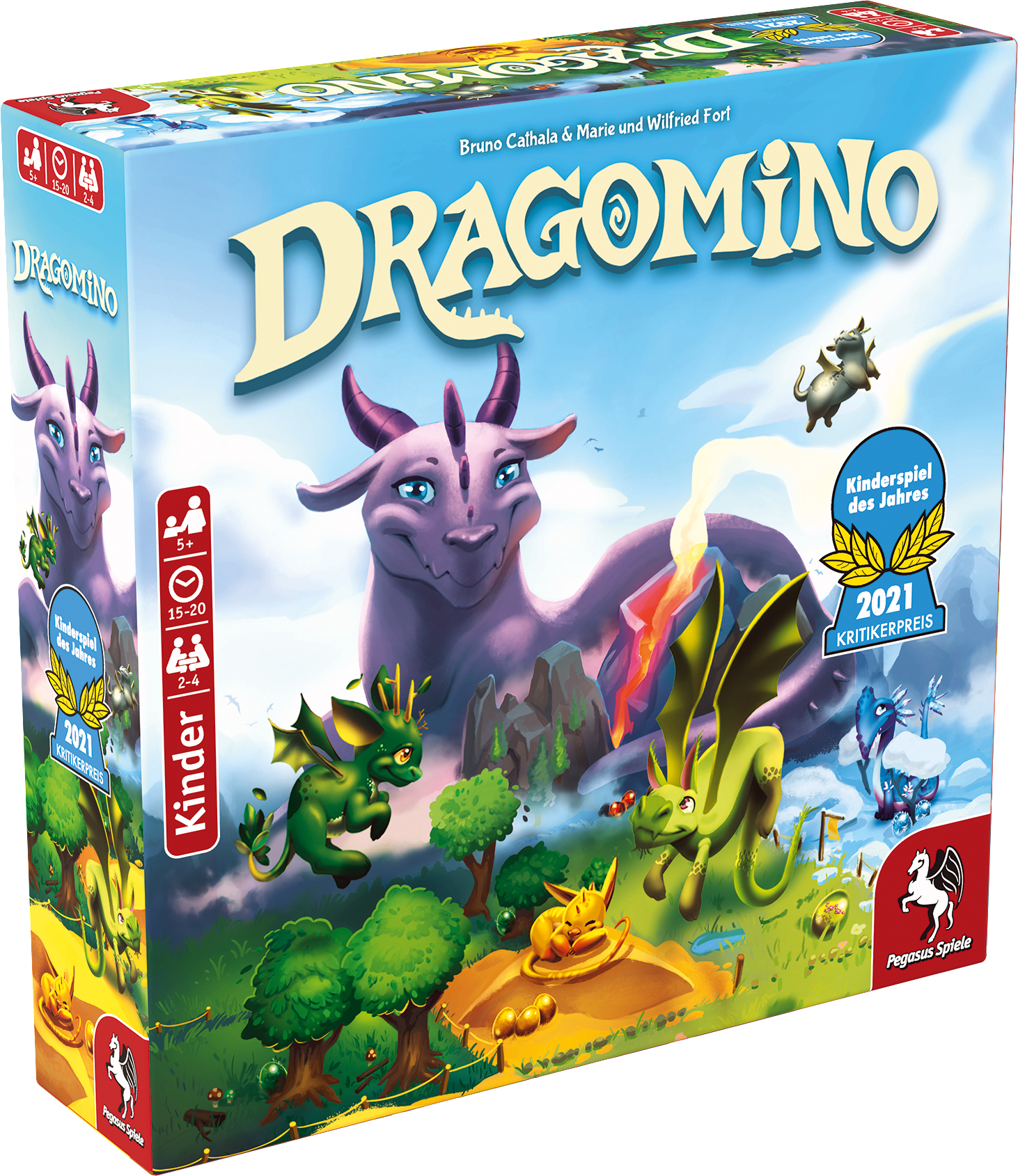 Spielbox von Dragomino mit Drachenillustration und dem Kinder Spiel des Jahres Award.