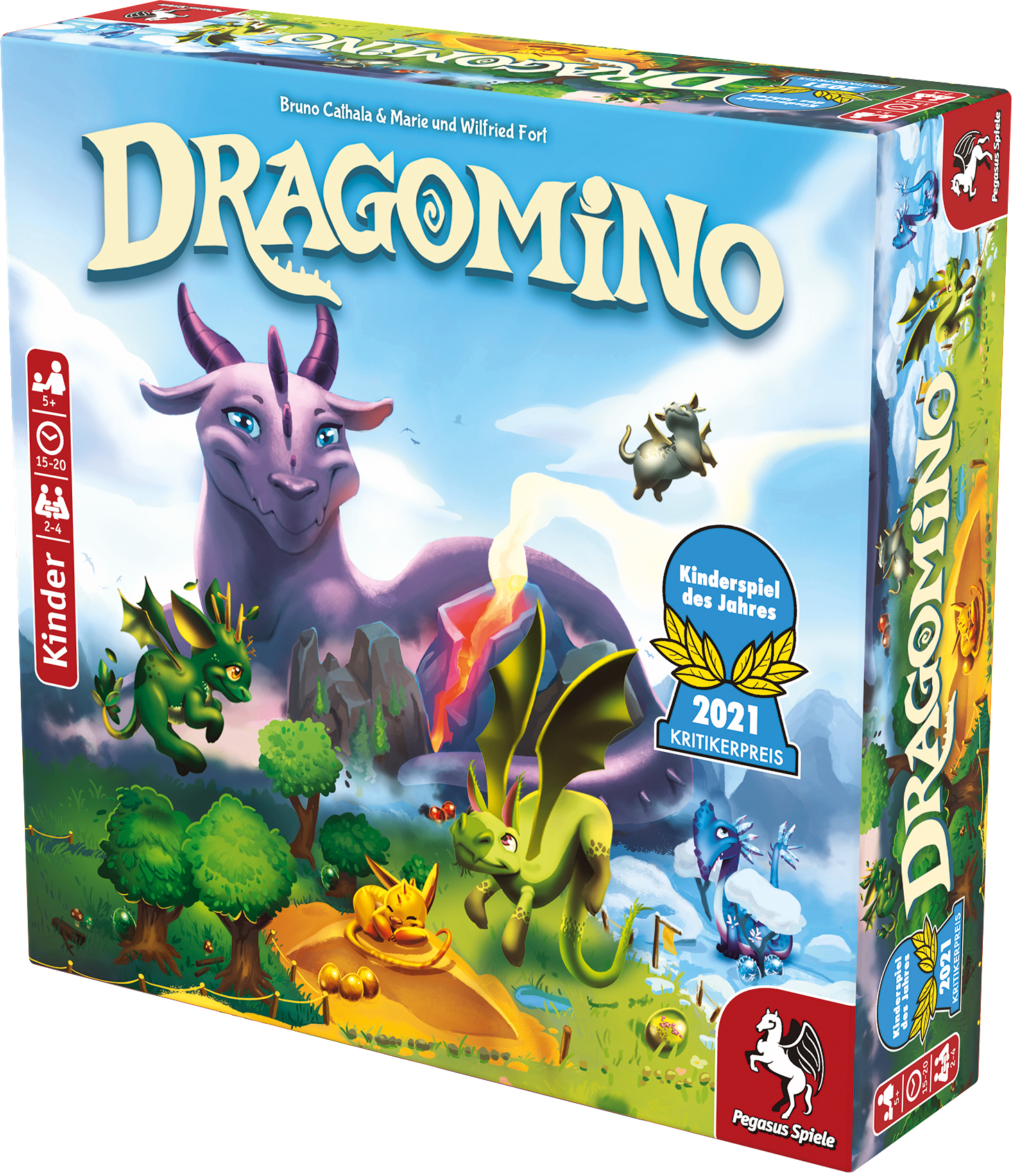 Schachtelkunst für das Spiel Dragomino, mit einem großen lila Drachen und Baby-Drachen. Die Box zeigt Auszeichnungen.