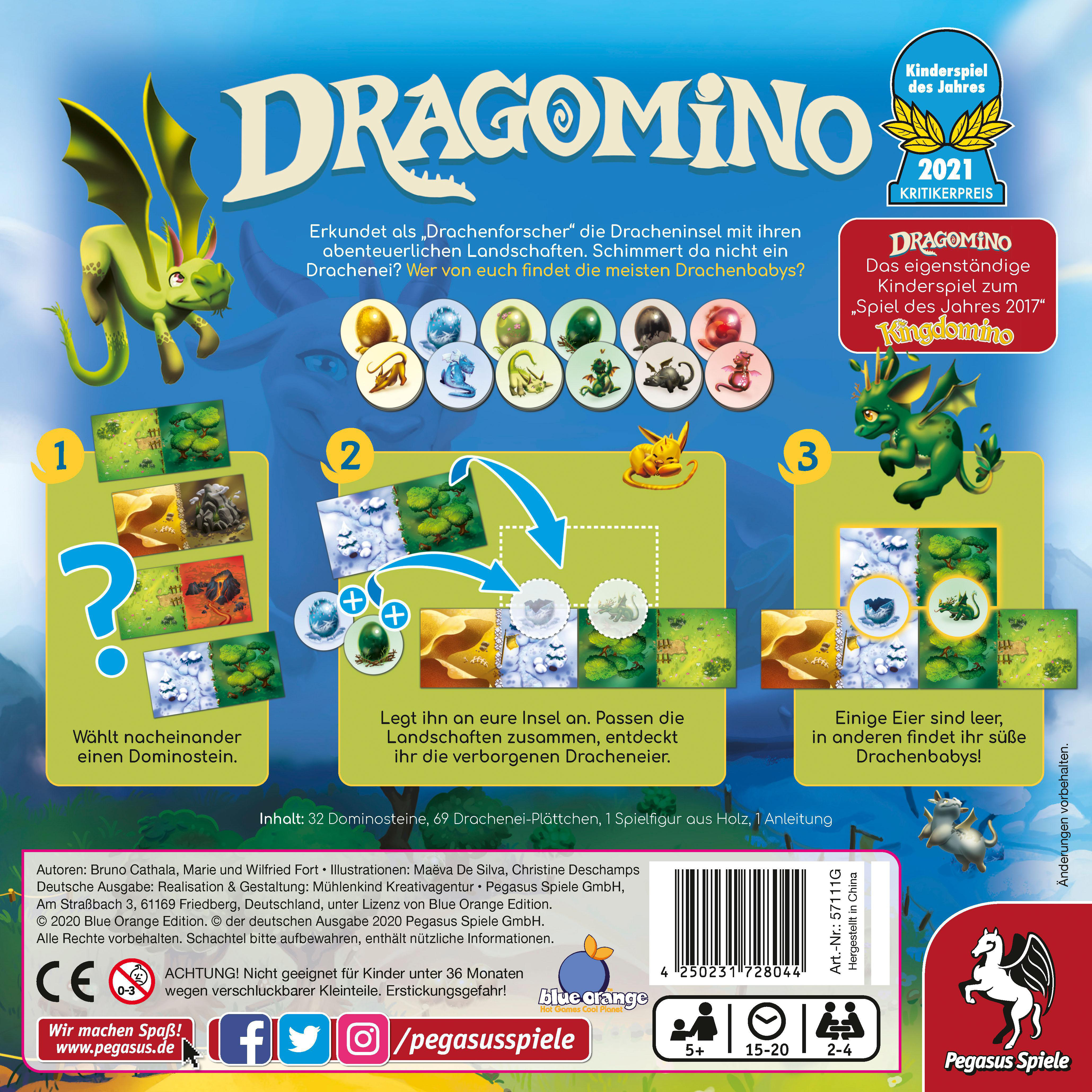 Rückseite der Dragomino-Brettspielbox. Zeigt Spielsteine, Anweisungen und Illustrationen.