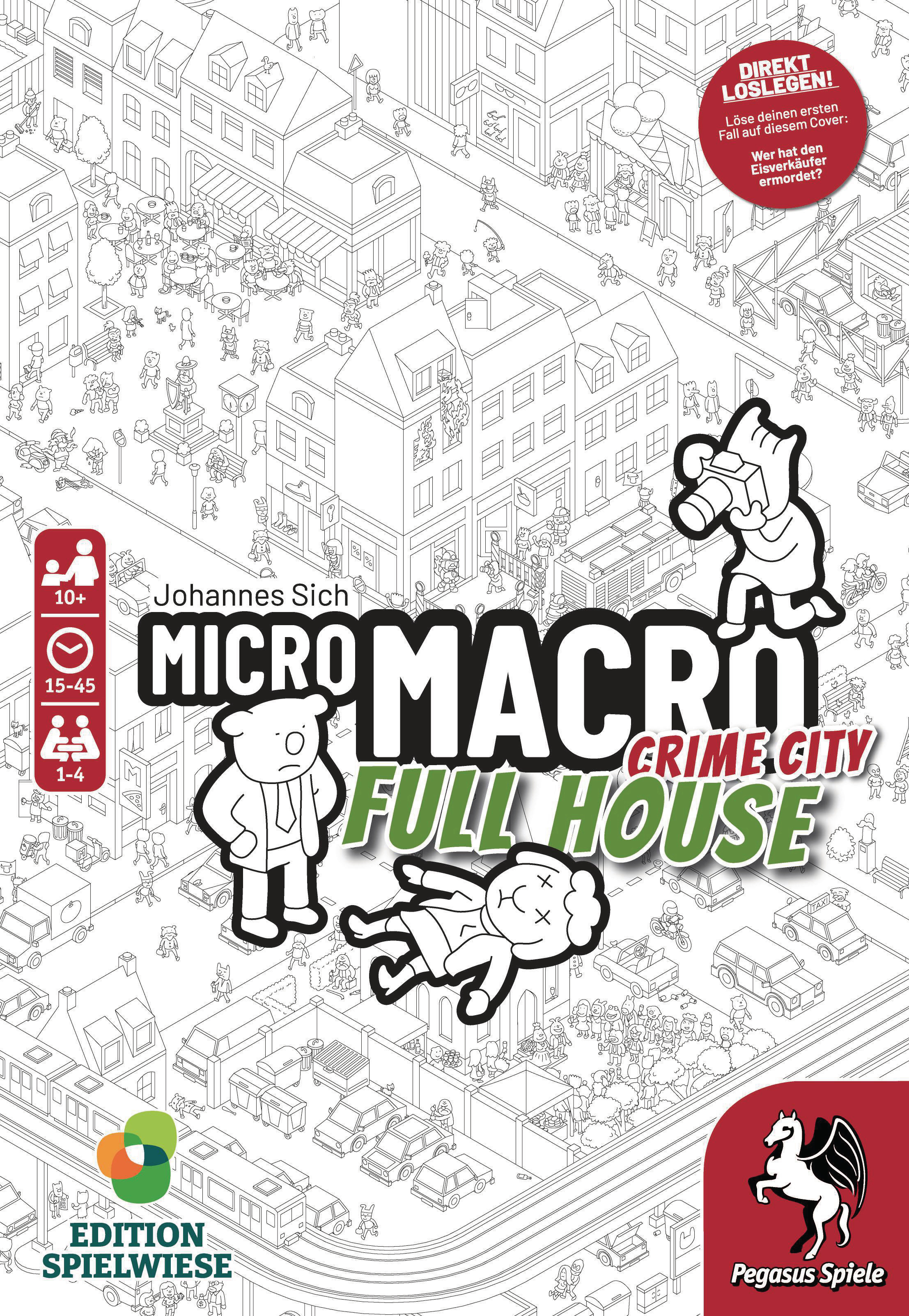 Micro Macro Crime City Spielbox. Menschen und Gebäude in einer Schwarz-Weiß-Illustration.