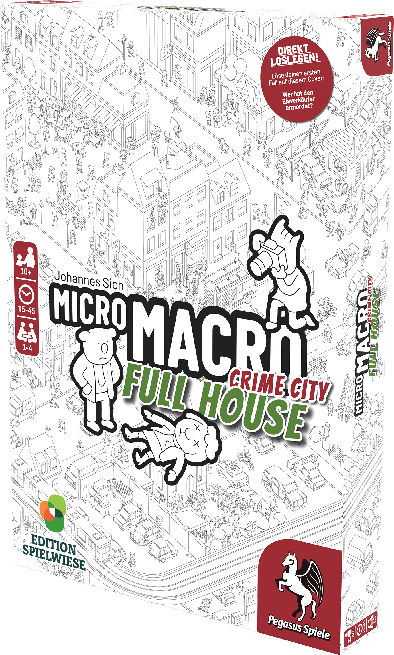 Schachtel mit Micro Macro Spielcover. Zeigt Stadtillustrationen und Cartoonfiguren.