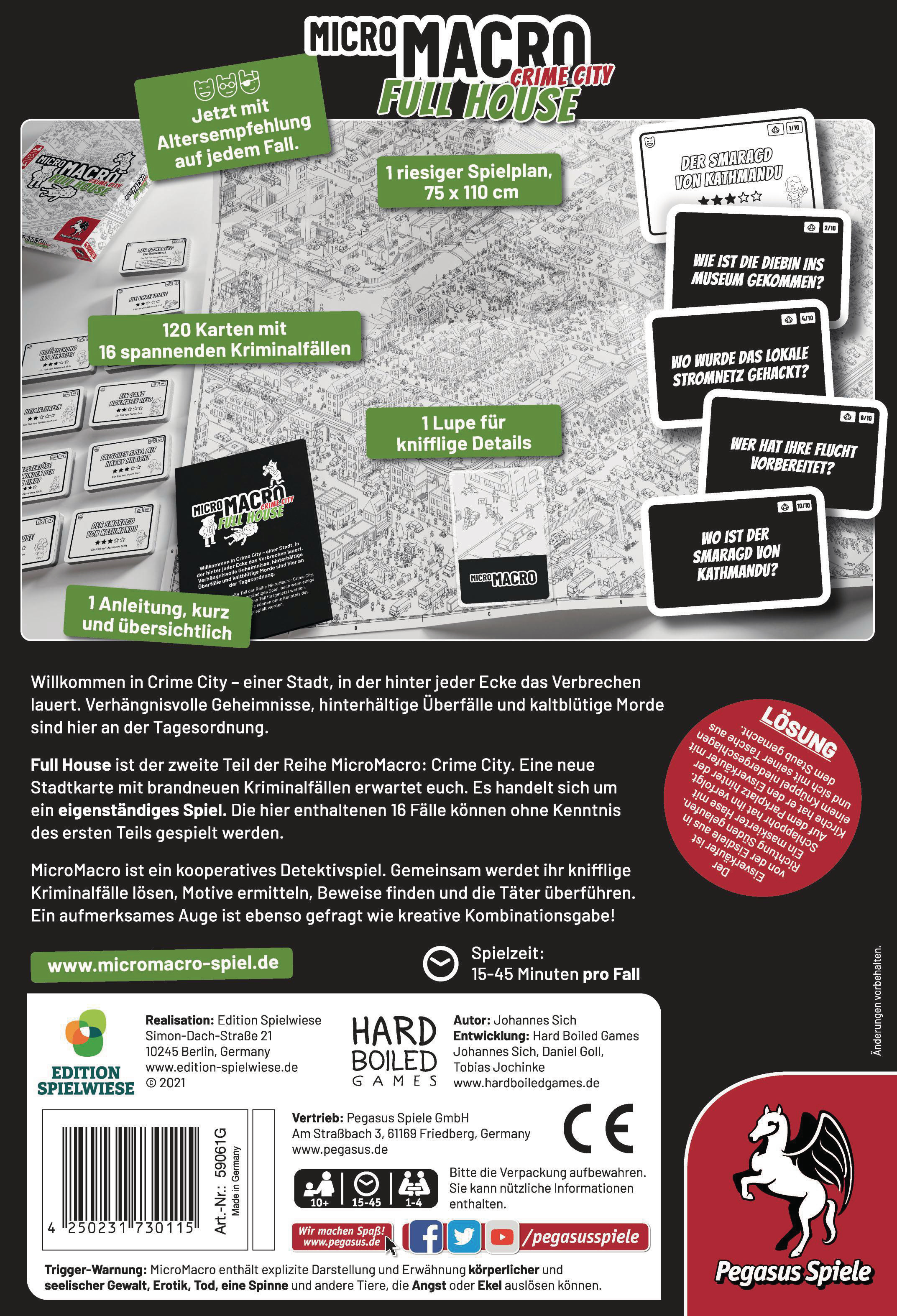 Rückseite der MicroMacro Crime City Spielbox mit Text und Lösung.