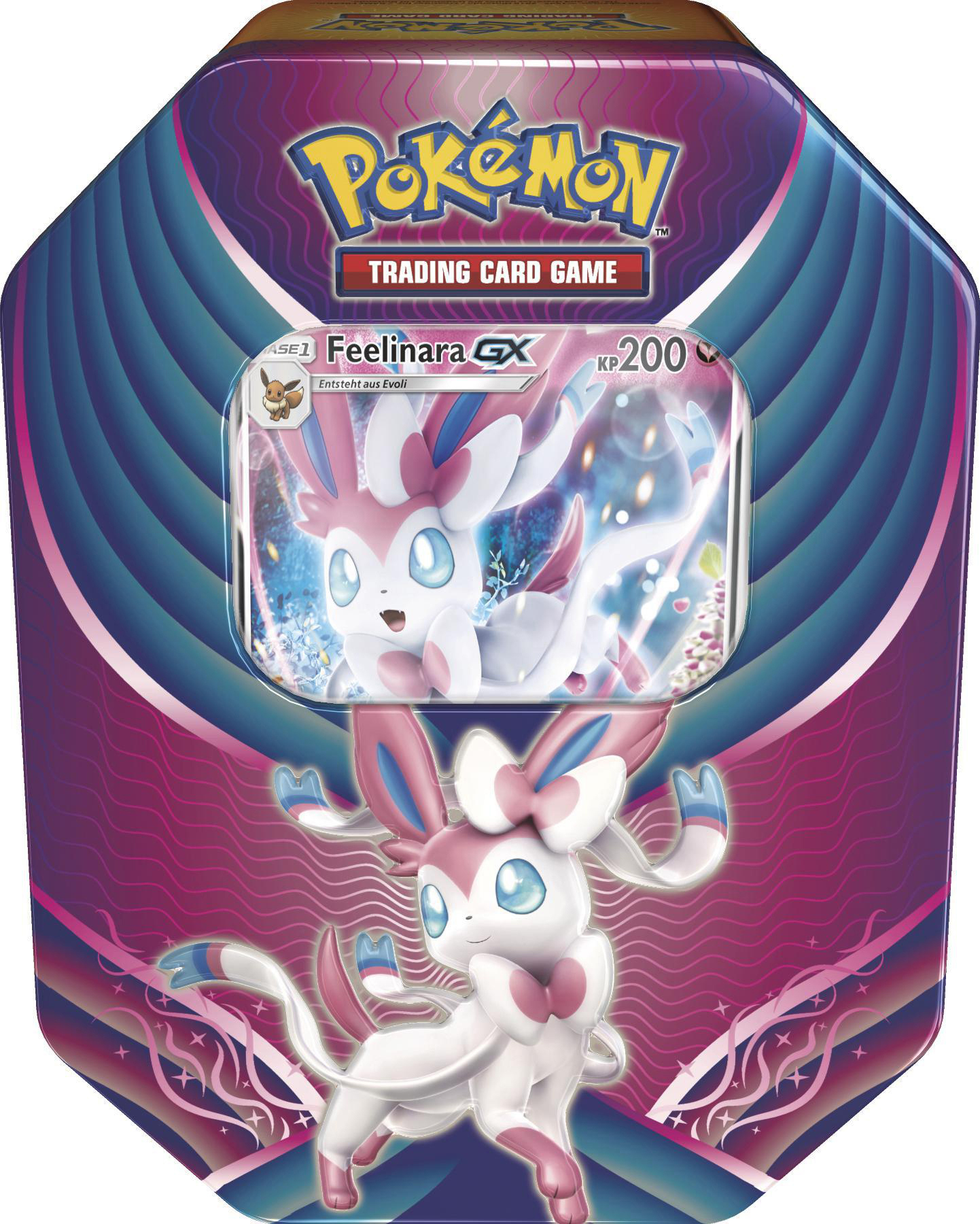 Pokemon-Sammelkartendose mit Feelinara. Die Dose ist rosa, blau und lila mit einer Feelinara-Karte.