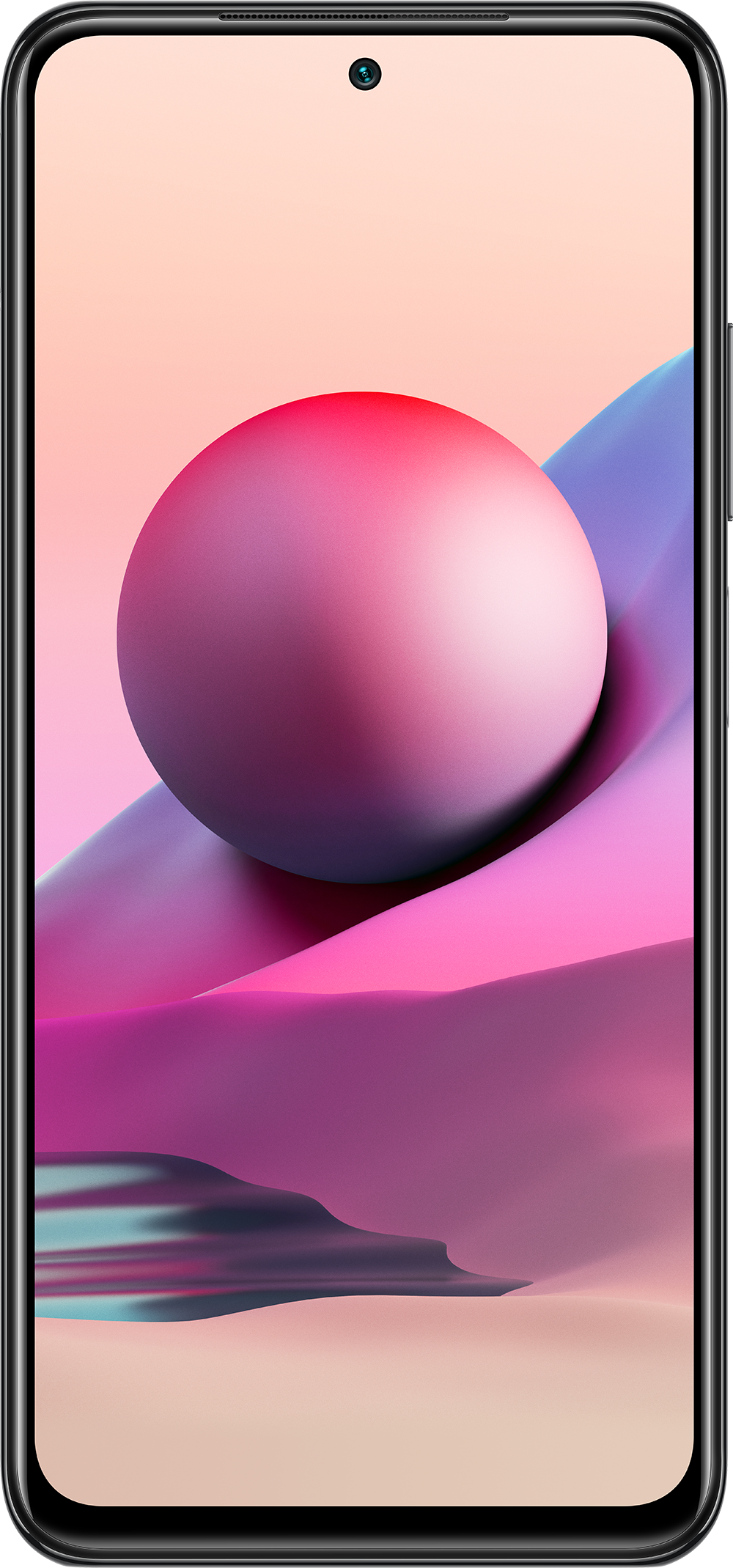 Een smartphone met een kleurrijke afbeelding met een roze bal en paarse vormen.
