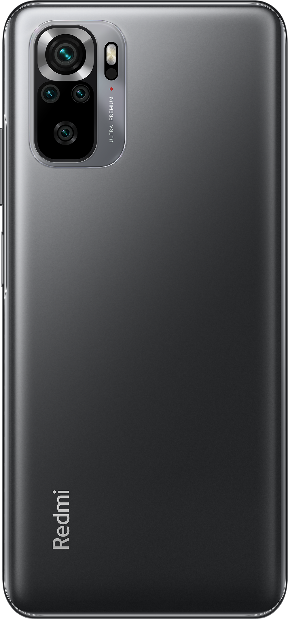 Achterkant van een grijze smartphone met meerdere camera's en het Redmi-logo onderaan.