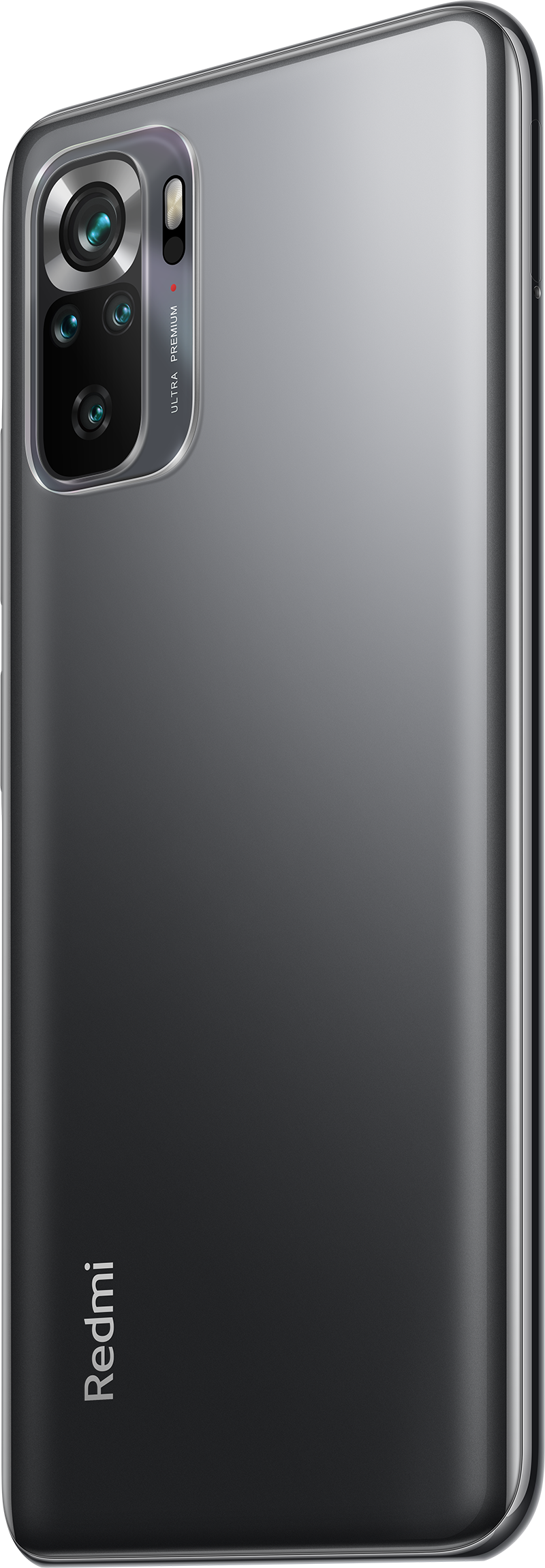 Een grijze smartphone met een multi-camera-opstelling aan de achterkant. Het woord 'Redmi' is zichtbaar.