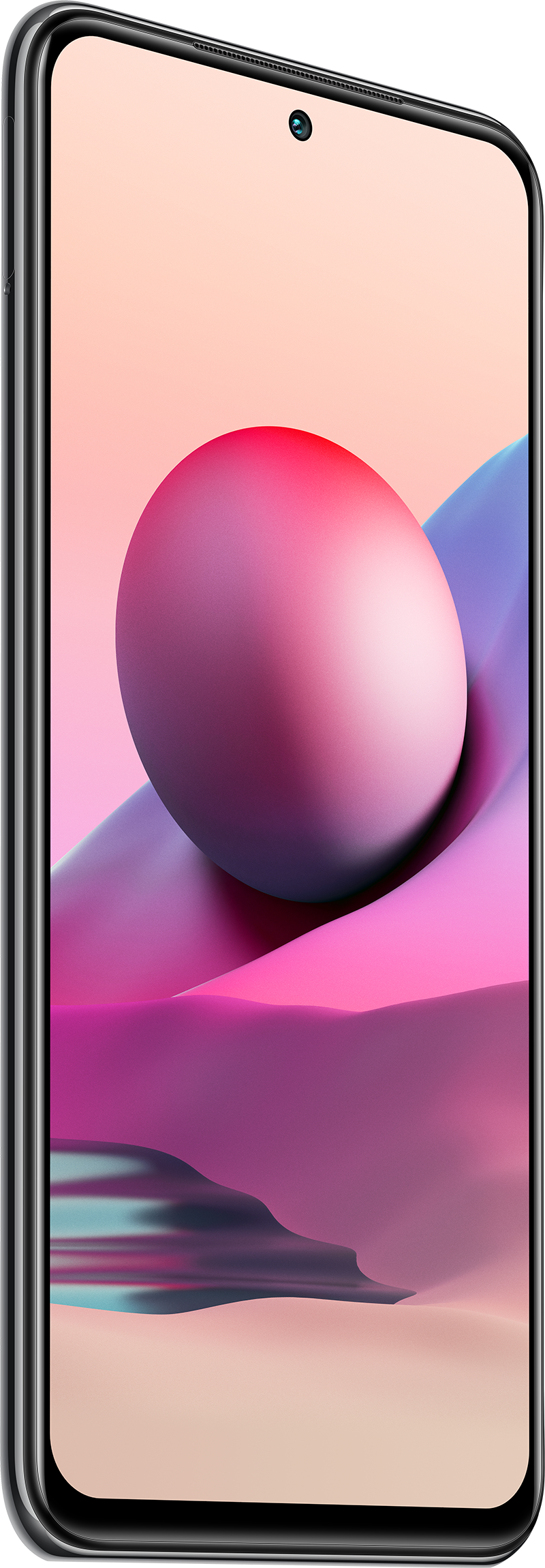 Een smartphone met een gebogen scherm. Het scherm toont een roze en paarse gradiënt, en een camera bovenaan.