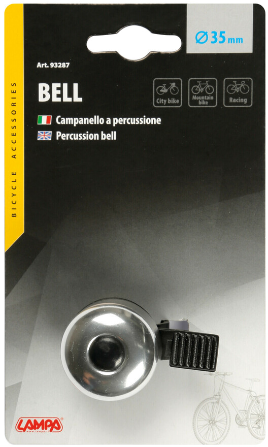 Kerékpár csengő csomagolásban. A csengő ezüst. A csomagoláson a 'BELL' felirat.