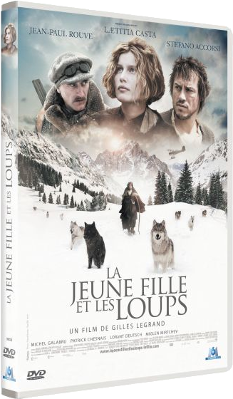 Couverture DVD du film. Présente trois personnes et des loups dans une scène de montagne enneigée. Titre du film.