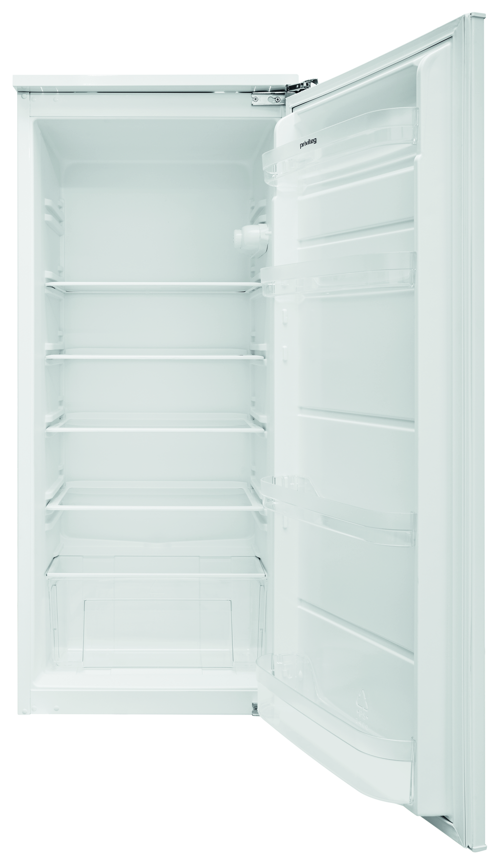 Ein leerer weißer Kühlschrank mit geöffneter Tür, der Regale und transparente Behälter zeigt.