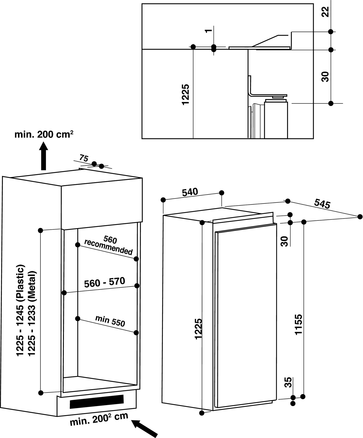 Diagramm eines Kühlschranks mit Messungen und Abmessungen in schematischer Ansicht.