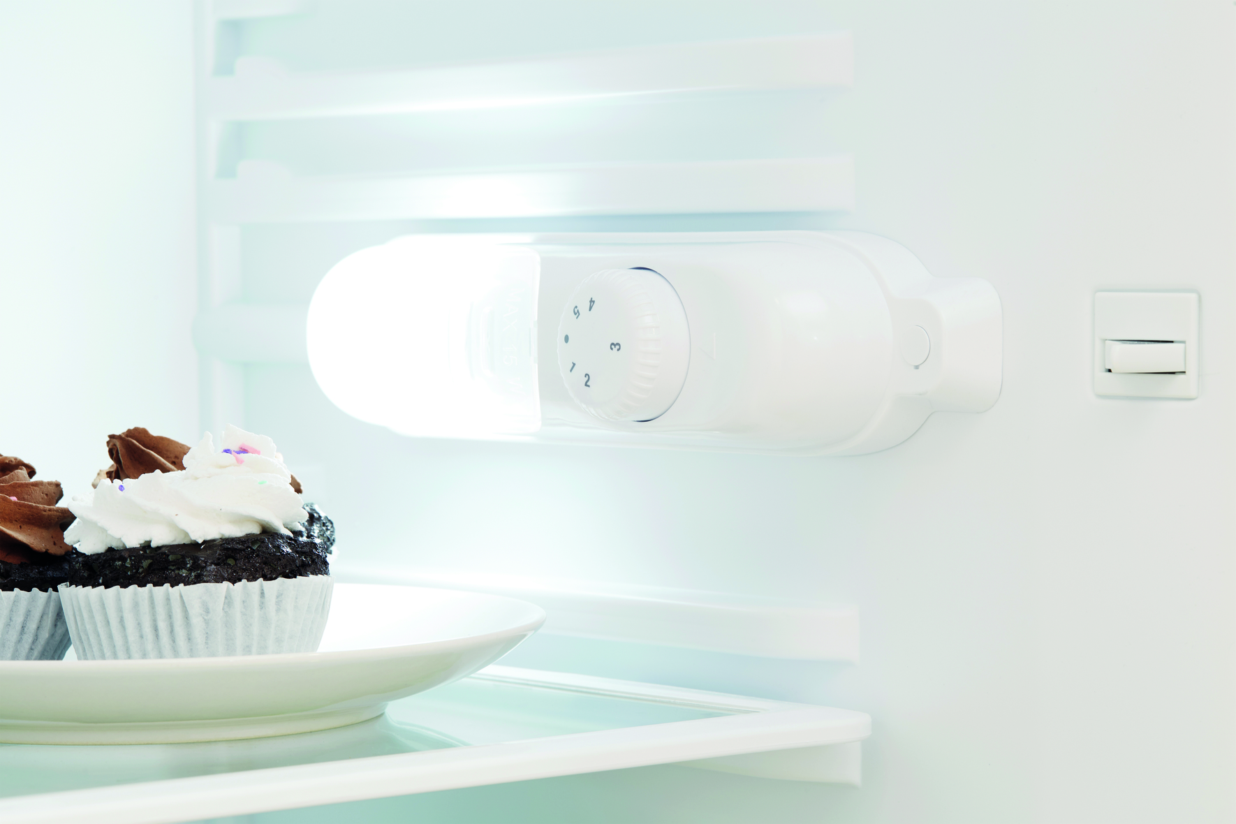 Im Kühlschrank: Cupcakes, weißer Teller, Temperaturregler und Licht.
