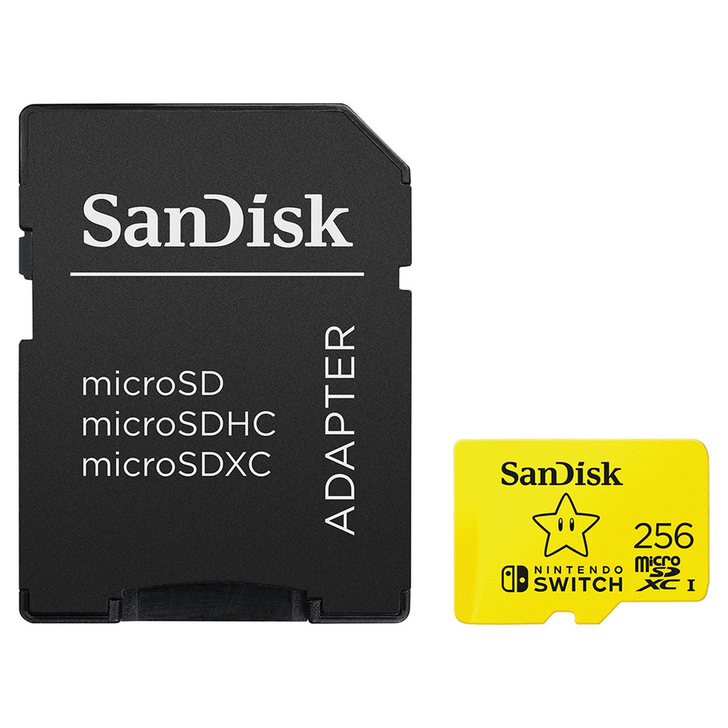 Adaptador Sandisk negro junto a una tarjeta micro SD Nintendo Switch amarilla y negra.