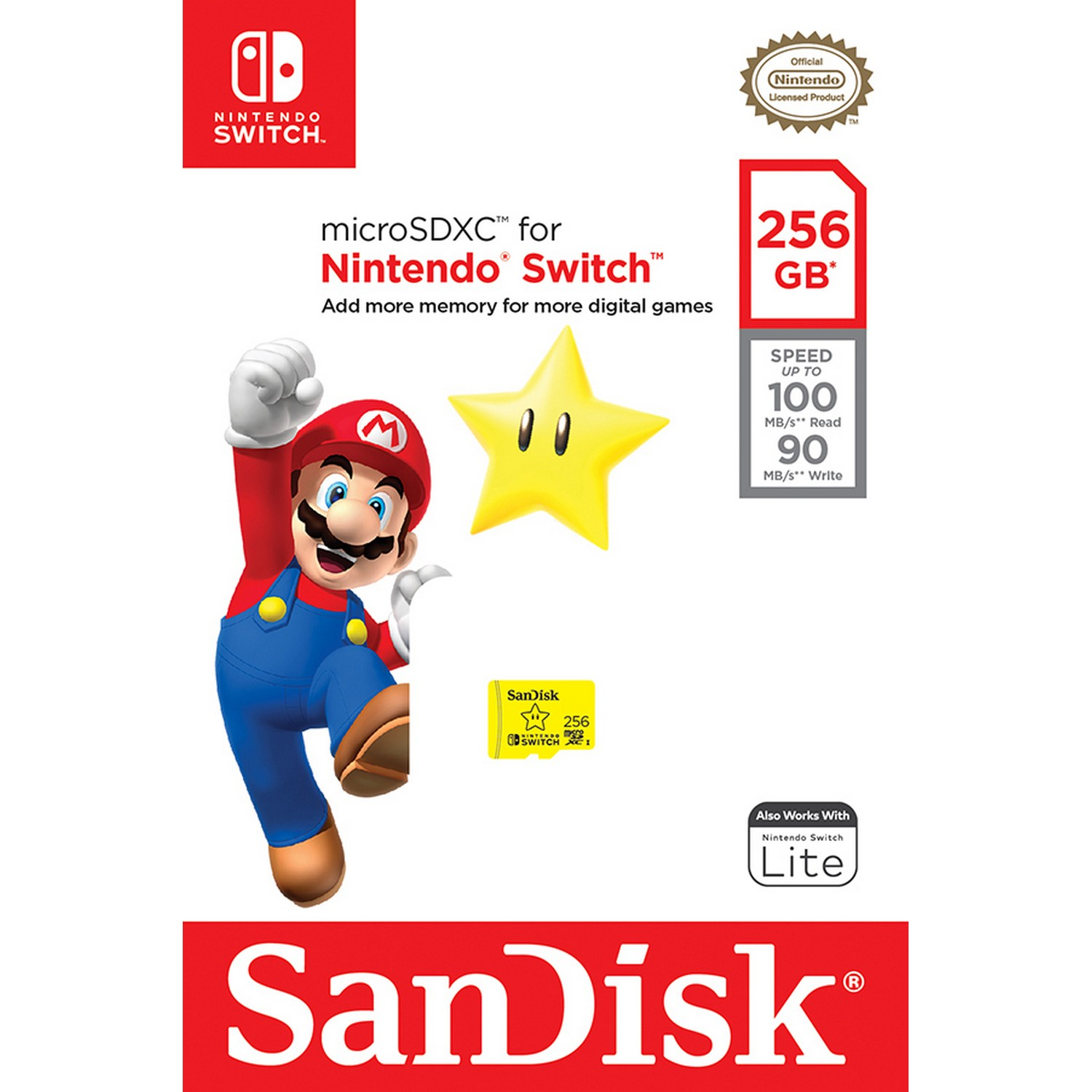 Mario de Nintendo Switch con una estrella amarilla y una tarjeta Sandisk.