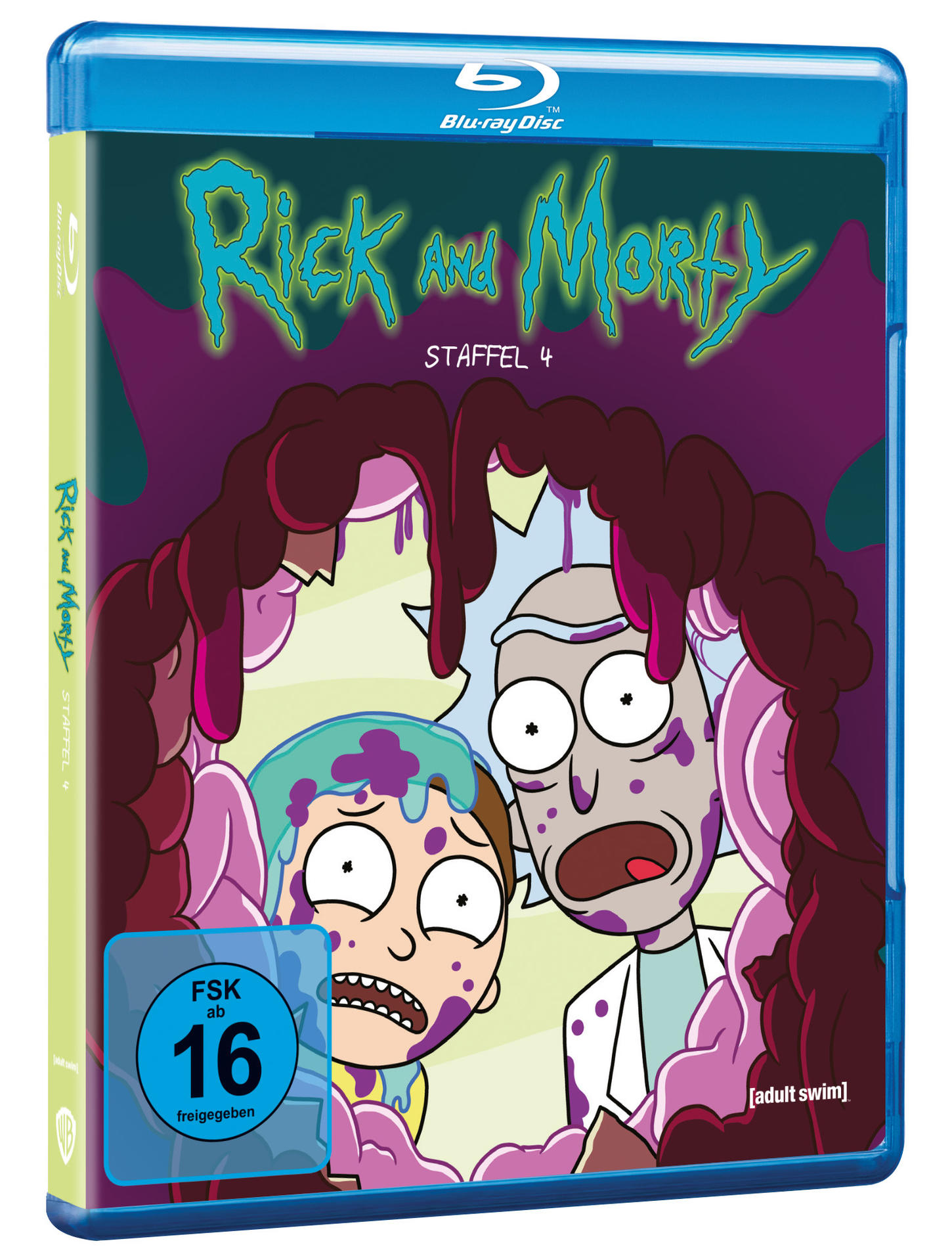Eine Blu-ray-Hülle für Rick and Morty. Das Cover zeigt die Charaktere der Serie im Cartoon-Stil.
