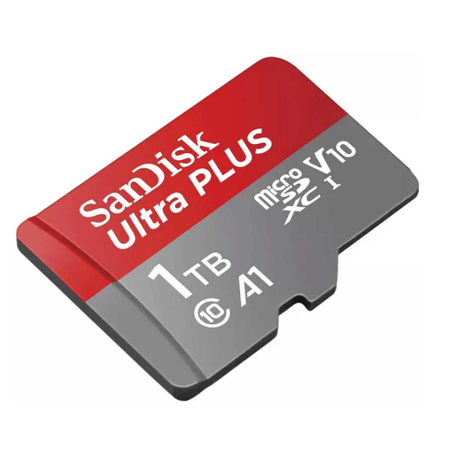 Tarjeta microSD SanDisk Ultra PLUS 1TB, roja y gris, con texto.