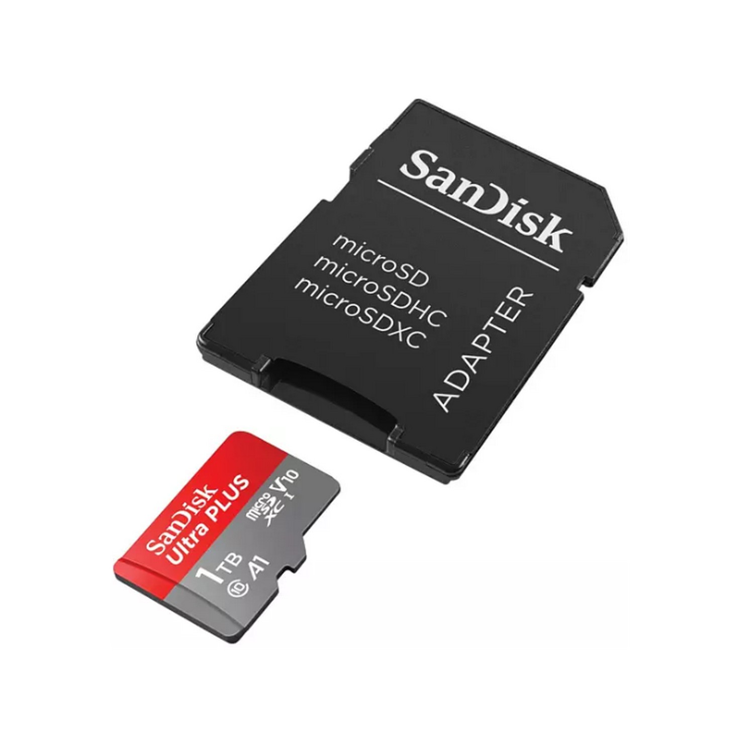 Tarjeta microSD y adaptador, con la marca SanDisk, sobre fondo blanco.