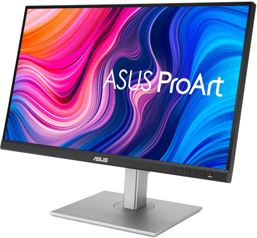 Computer monitor, black frame, silver stand. Displaying colorful abstract artwork.