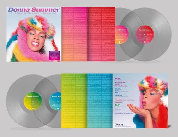 Pochette d'album de Donna Summer, avec vinyles et illustrations, avec une image colorée.