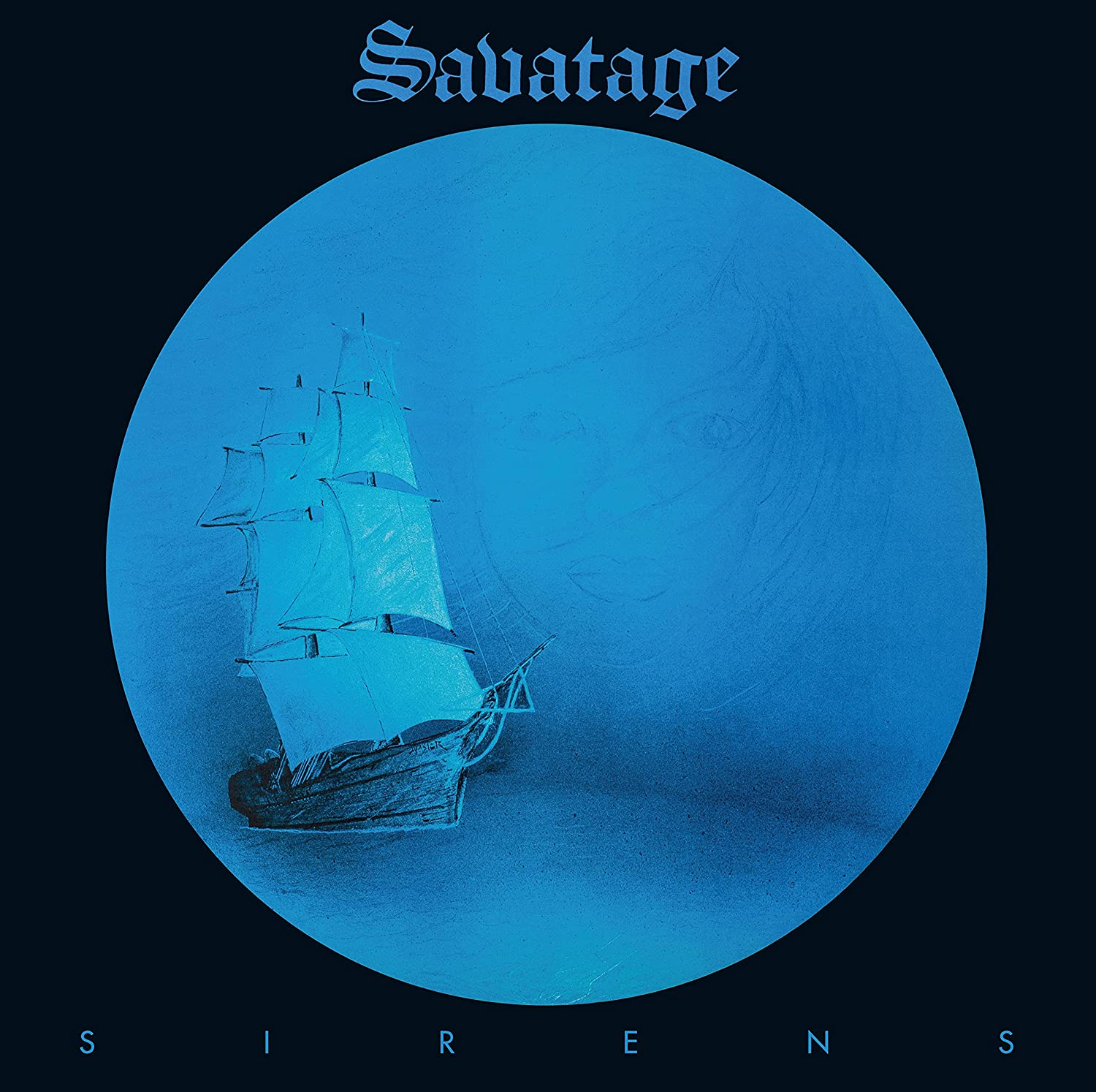Album borító: 'Savatage' felül, egy kék kör egy hajóval, sötétkék háttéren.