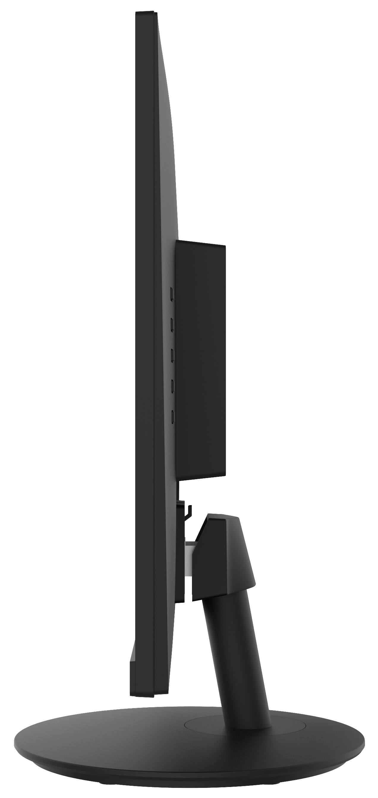 Seitenansicht eines schwarzen Computermonitors auf einem schwarzen Ständer.
