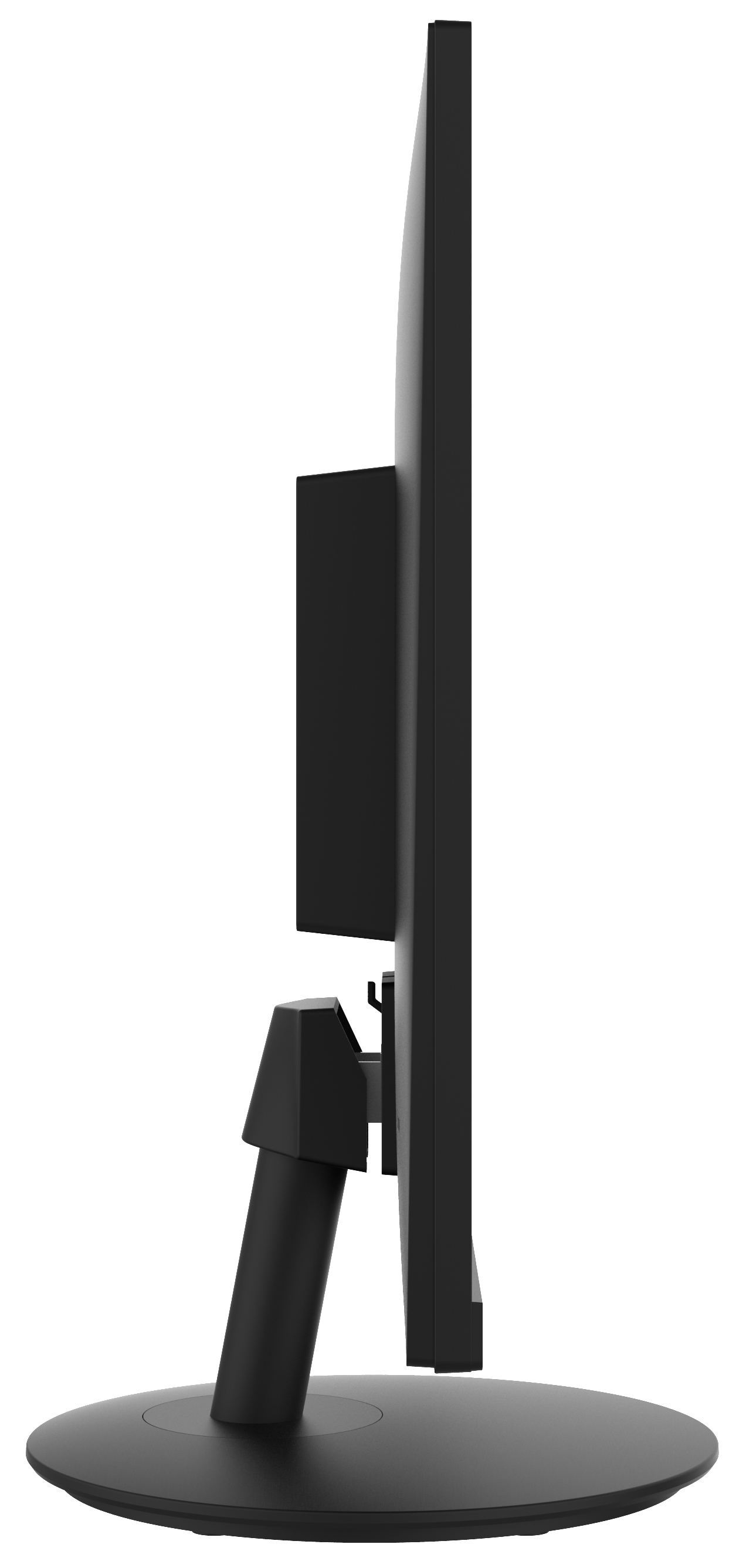 Seitenansicht eines schwarzen Computermonitors auf einem schwarzen Ständer. Der Bildschirm ist schwarz.