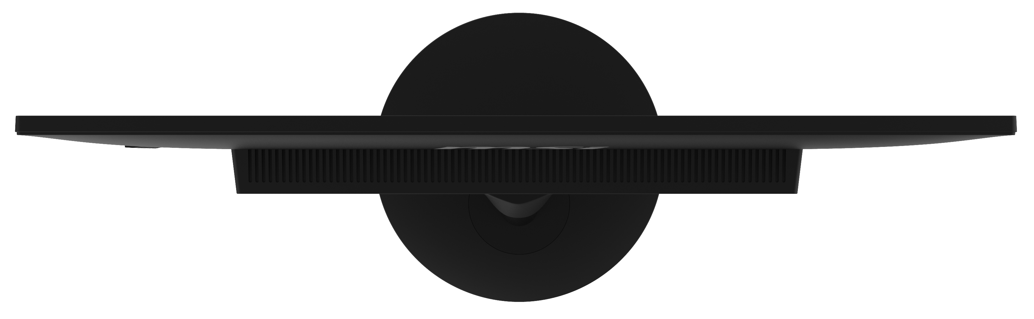 Draufsicht auf einen schwarzen Computermonitor mit Standfuß, auf weißer Oberfläche.