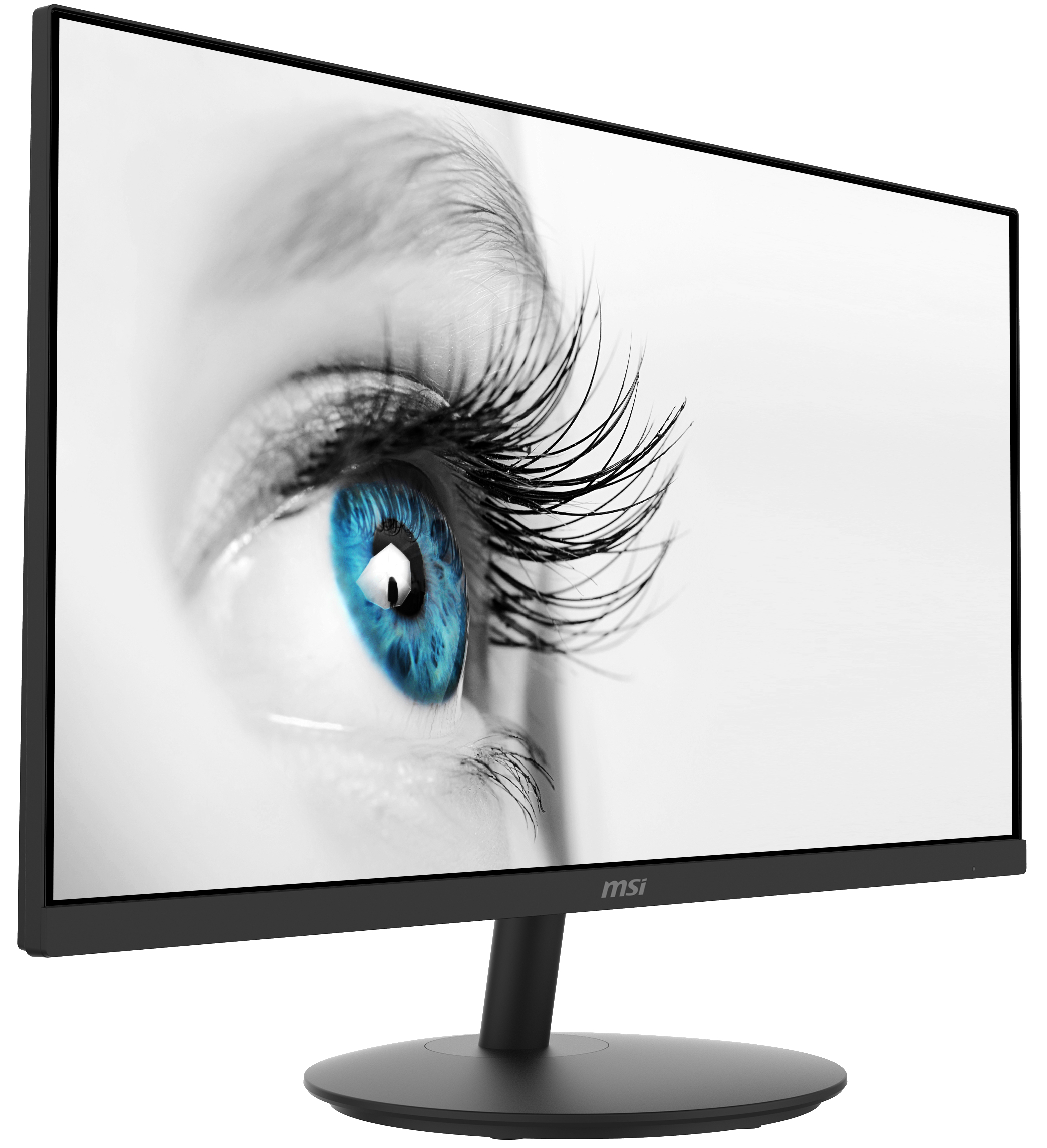 MSI-Monitor Nahaufnahme mit einem Frauenauge. Blaues Auge mit langen Wimpern.