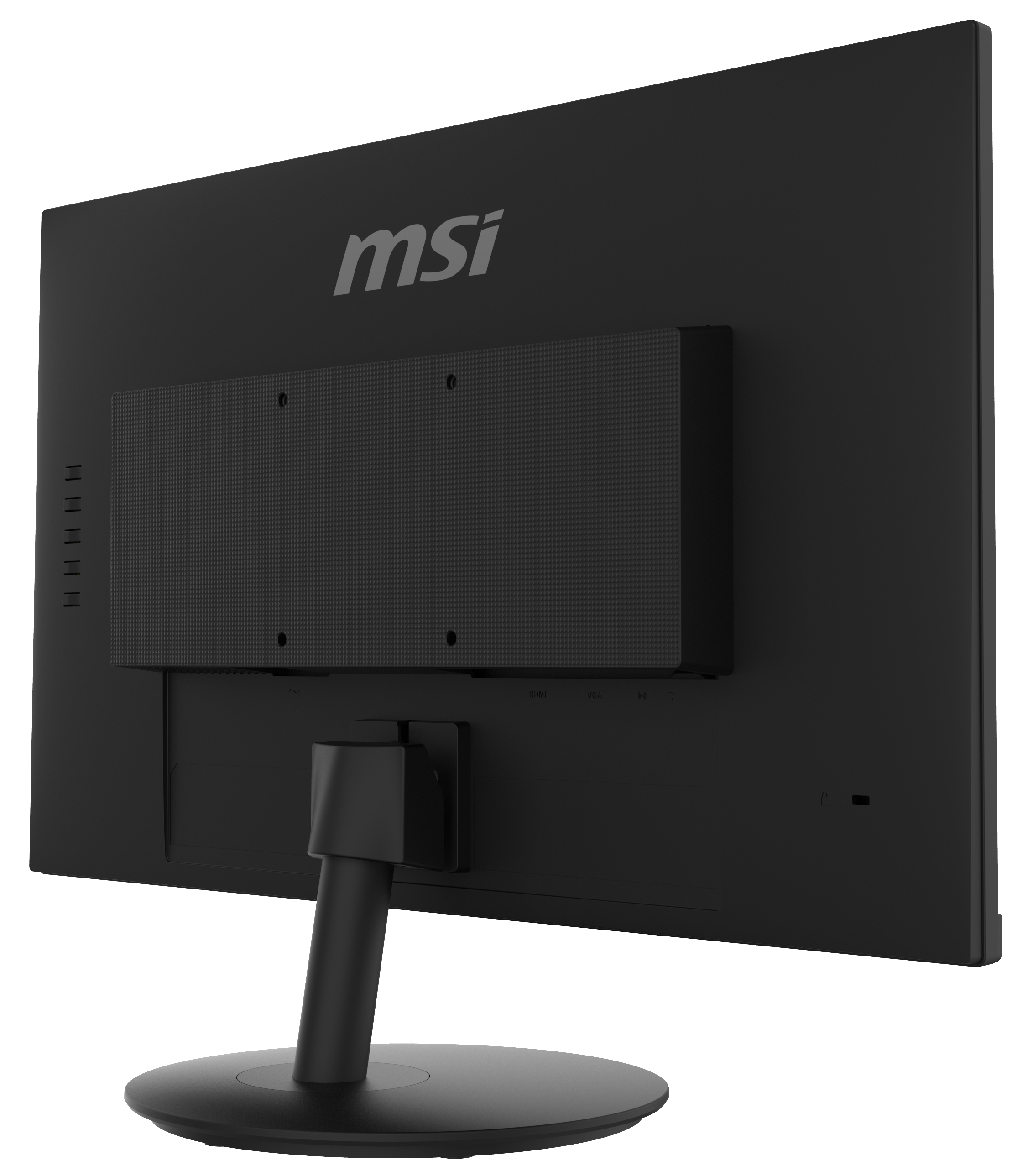 Schwarzer MSI-Computermonitor. Die Rückansicht zeigt den Ständer, die Anschlüsse und das MSI-Logo.