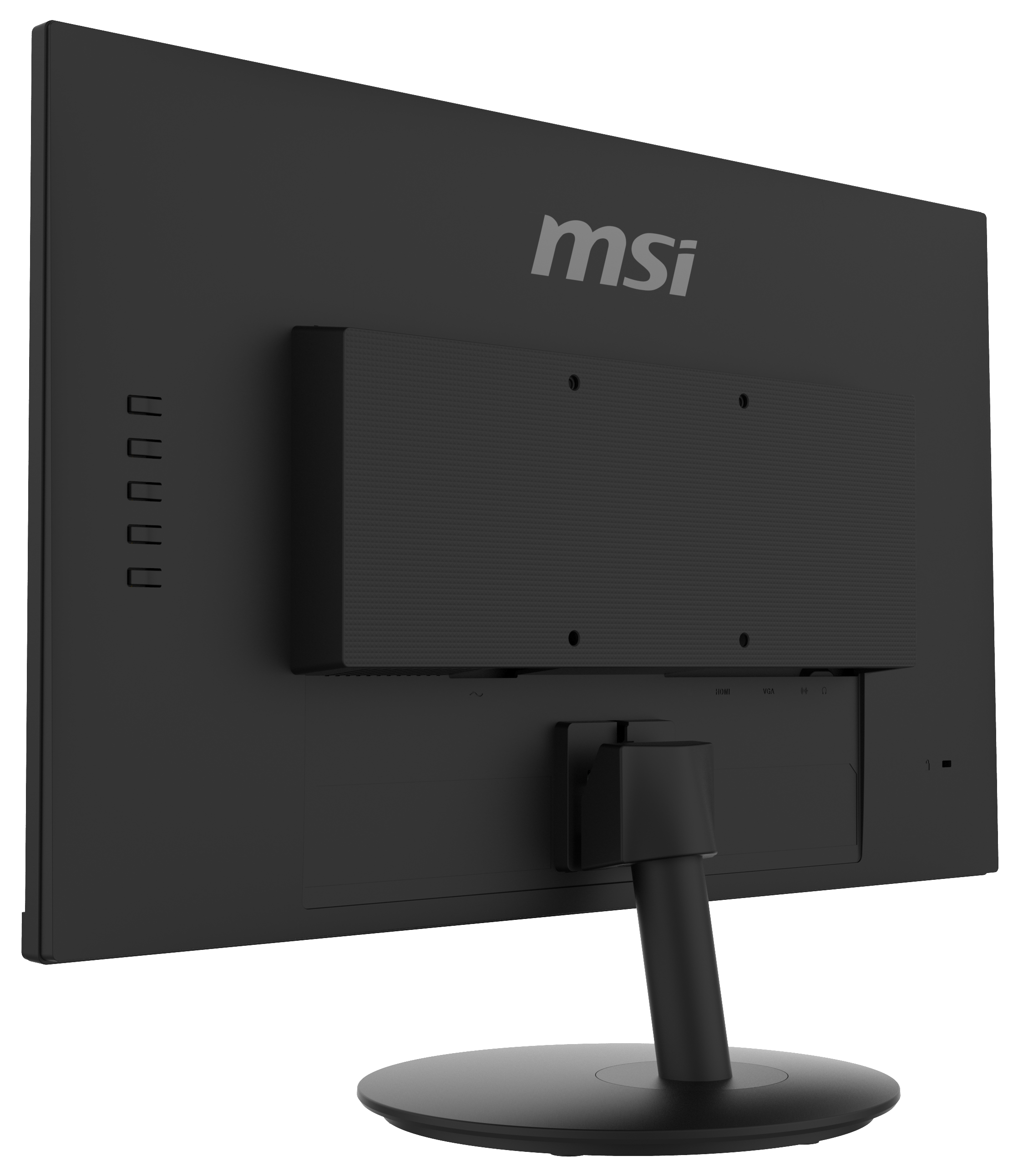 Schwarzer Computermonitor von hinten. Das Logo der Marke befindet sich oben.