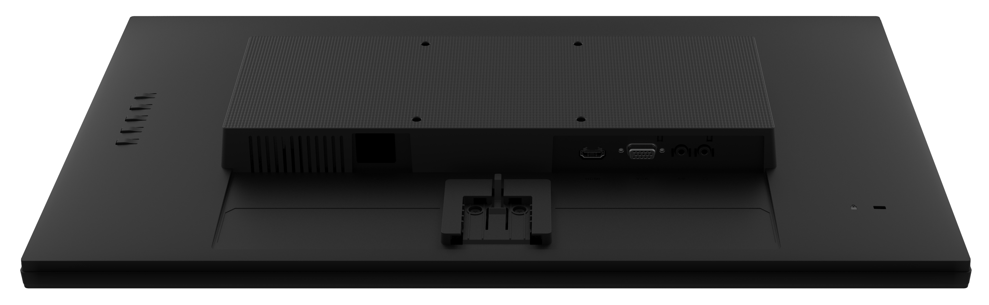 Rückseite eines schwarzen Computermonitors mit sichtbaren Anschlüssen und Halterung.