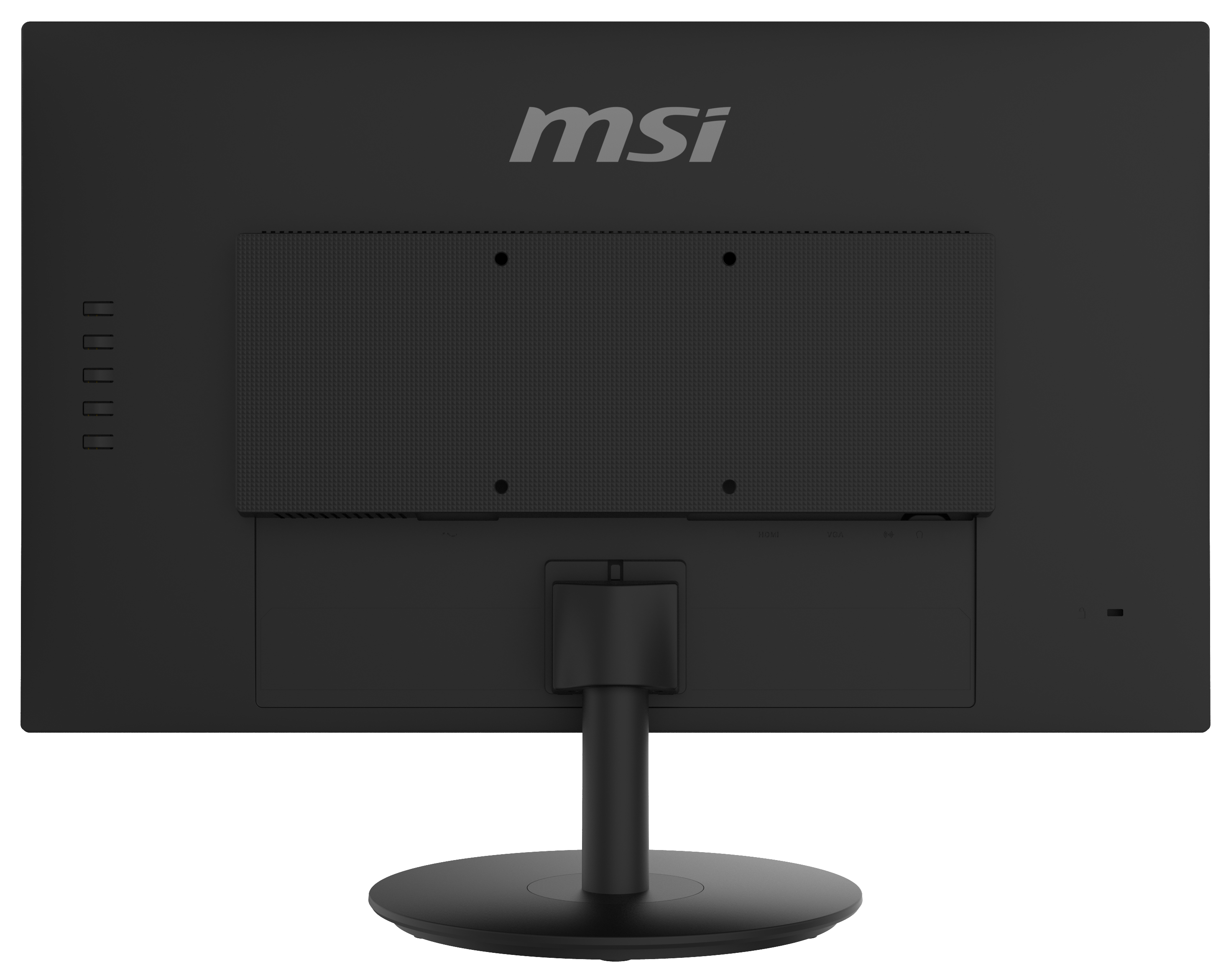 Rückseite des schwarzen MSI-Monitors, Logo oben. Anschlüsse und Ständer unten.