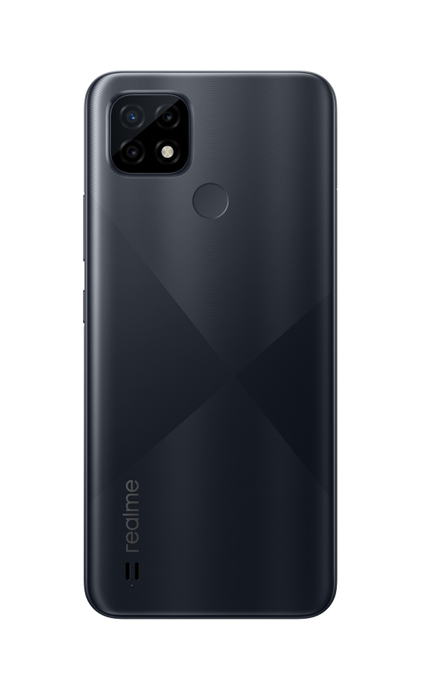 Siyah Realme telefonun arkası. Üstte çift kamera. Altta Realme logosu.