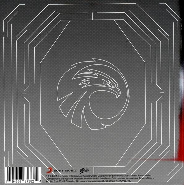 Rückseite einer CD-Hülle mit Design aus Linien und Adlerillustration.