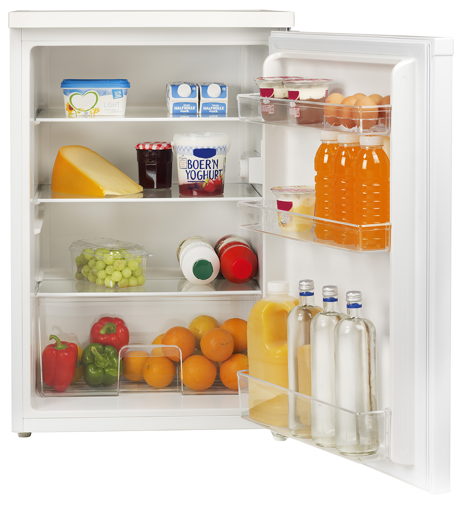 A fridge is open, showing various food items inside, including fruit and dairy.
