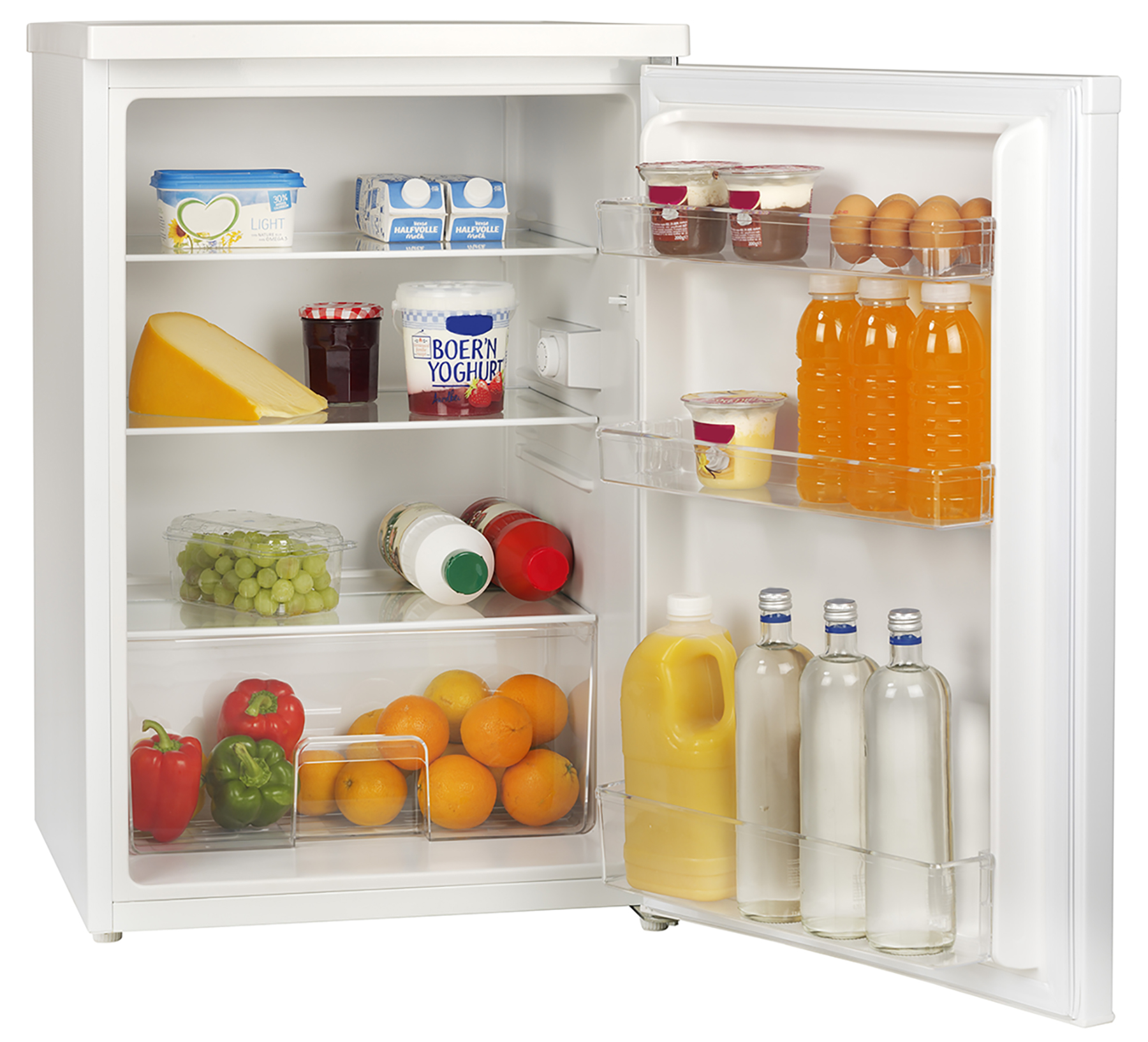White fridge with the door open, filled with food items like cheese, juice, and vegetables.