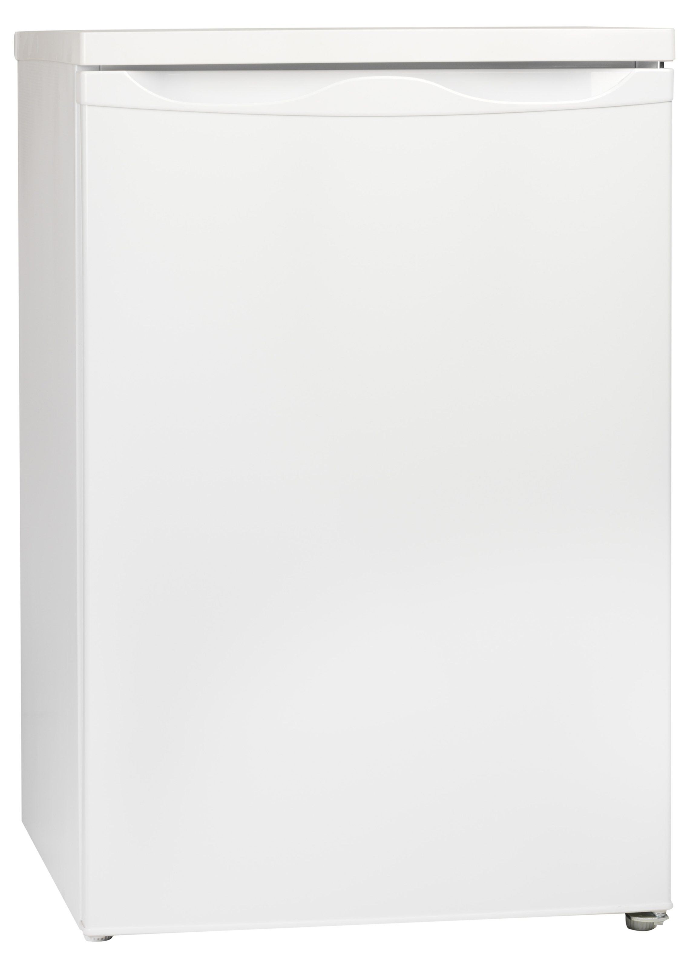 A white refrigerator, with a freezer below, stands alone against a plain white background.
